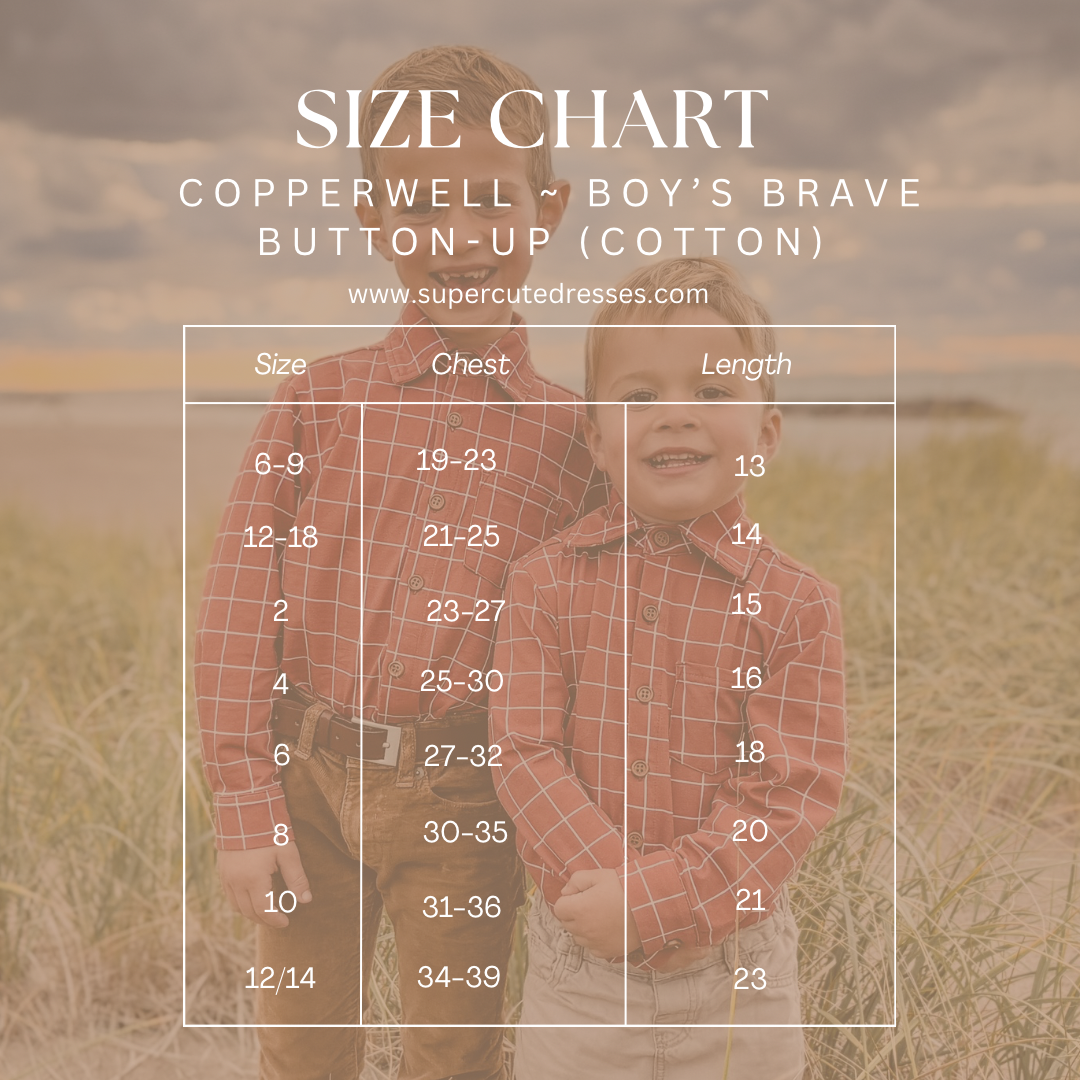 Boys in red plaid with size chart overlay