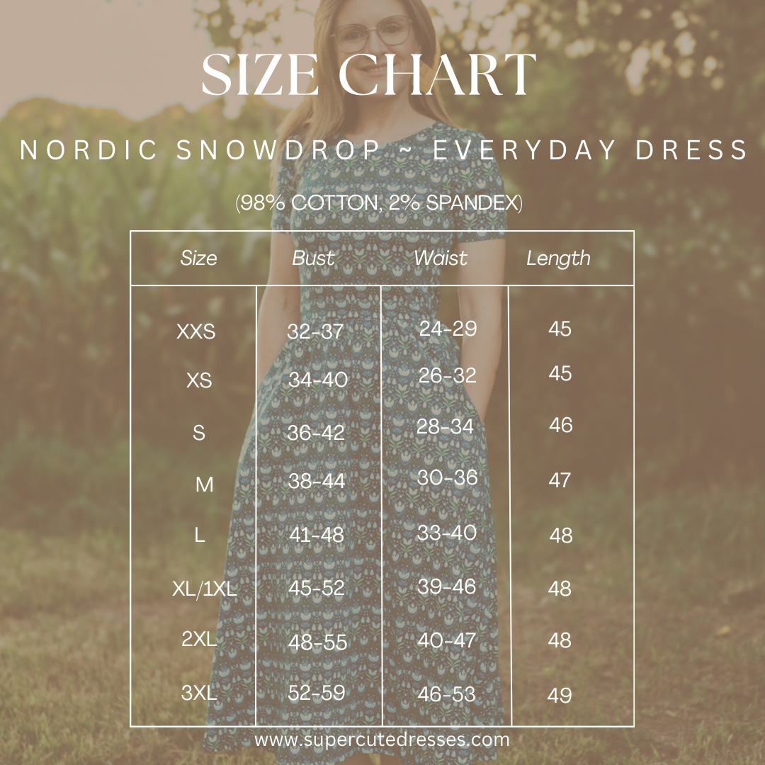 Dress size chart with measurements.
