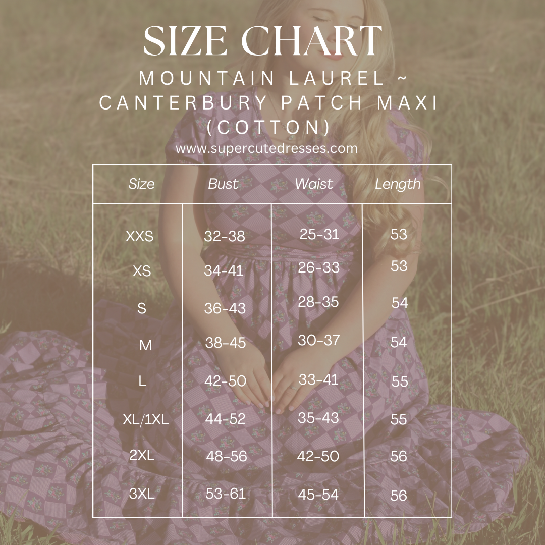 Size chart for a dress with a blurred background of a person wearing the dress.