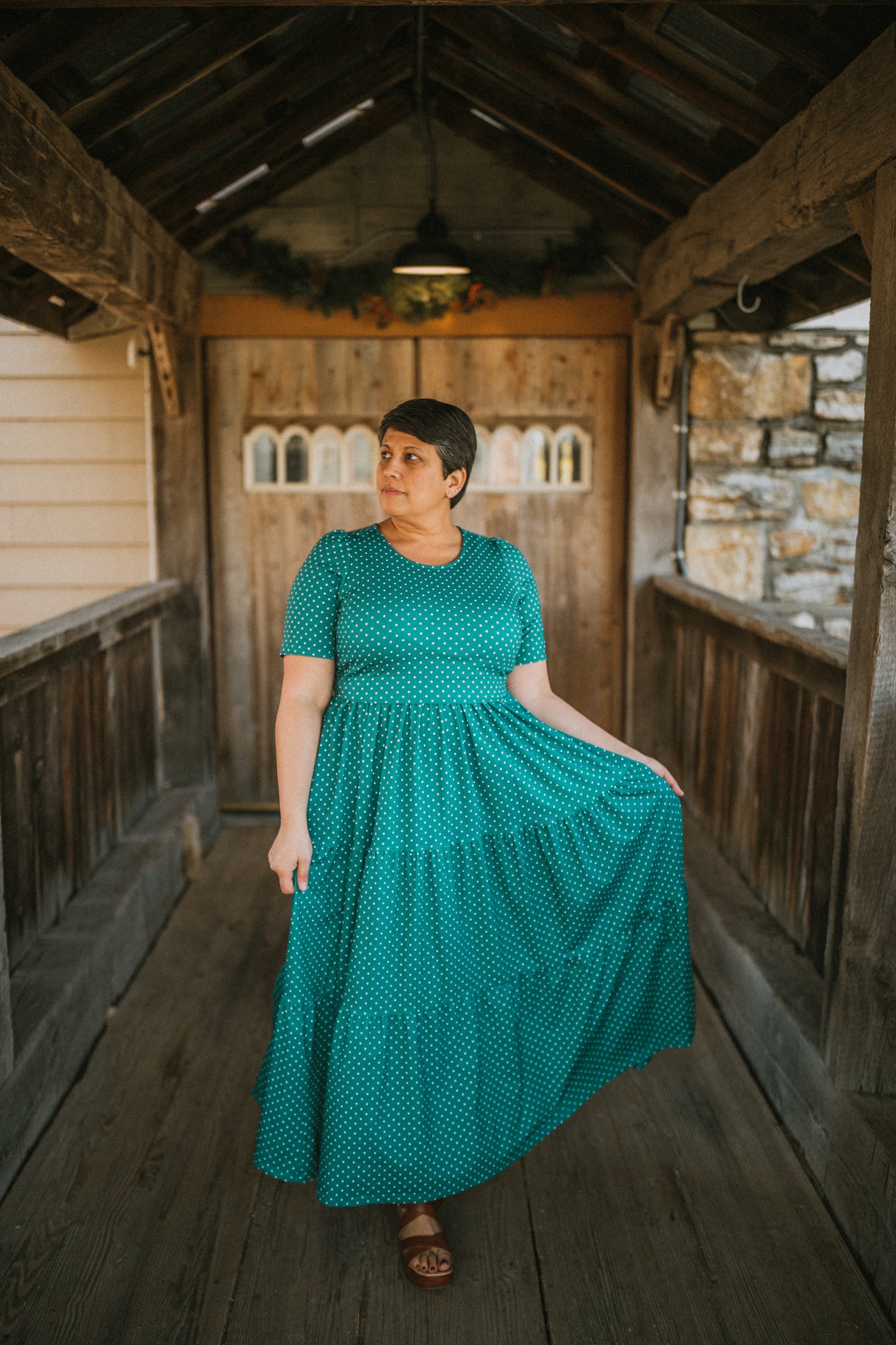 woman wearing modest nursing dress