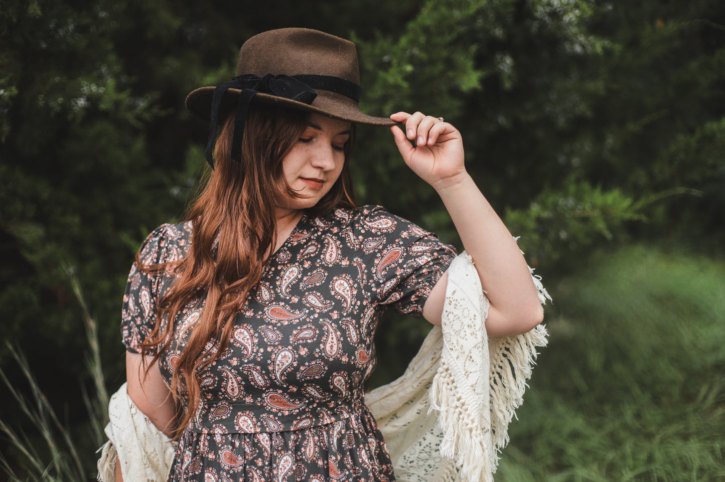 woman wearing a modest nursing floral dress