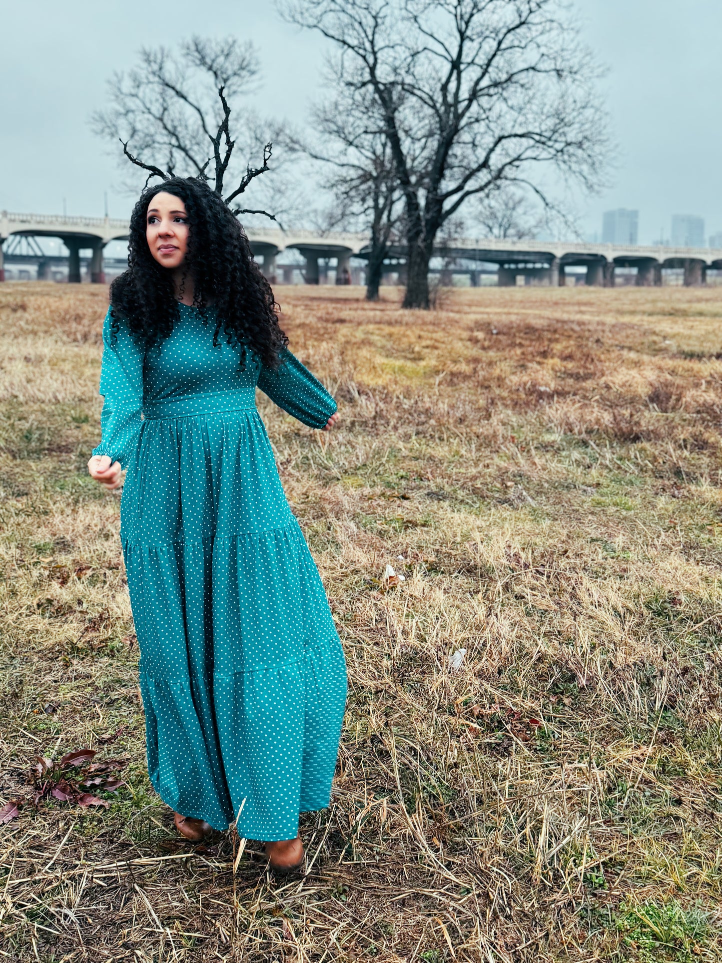 woman wearing modest nursing dress