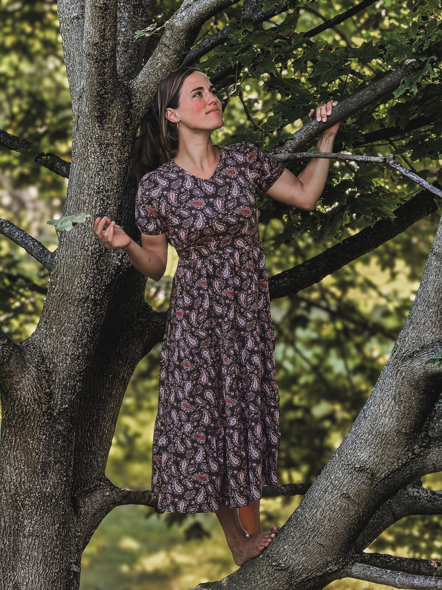 woman wearing a modest nursing floral dress