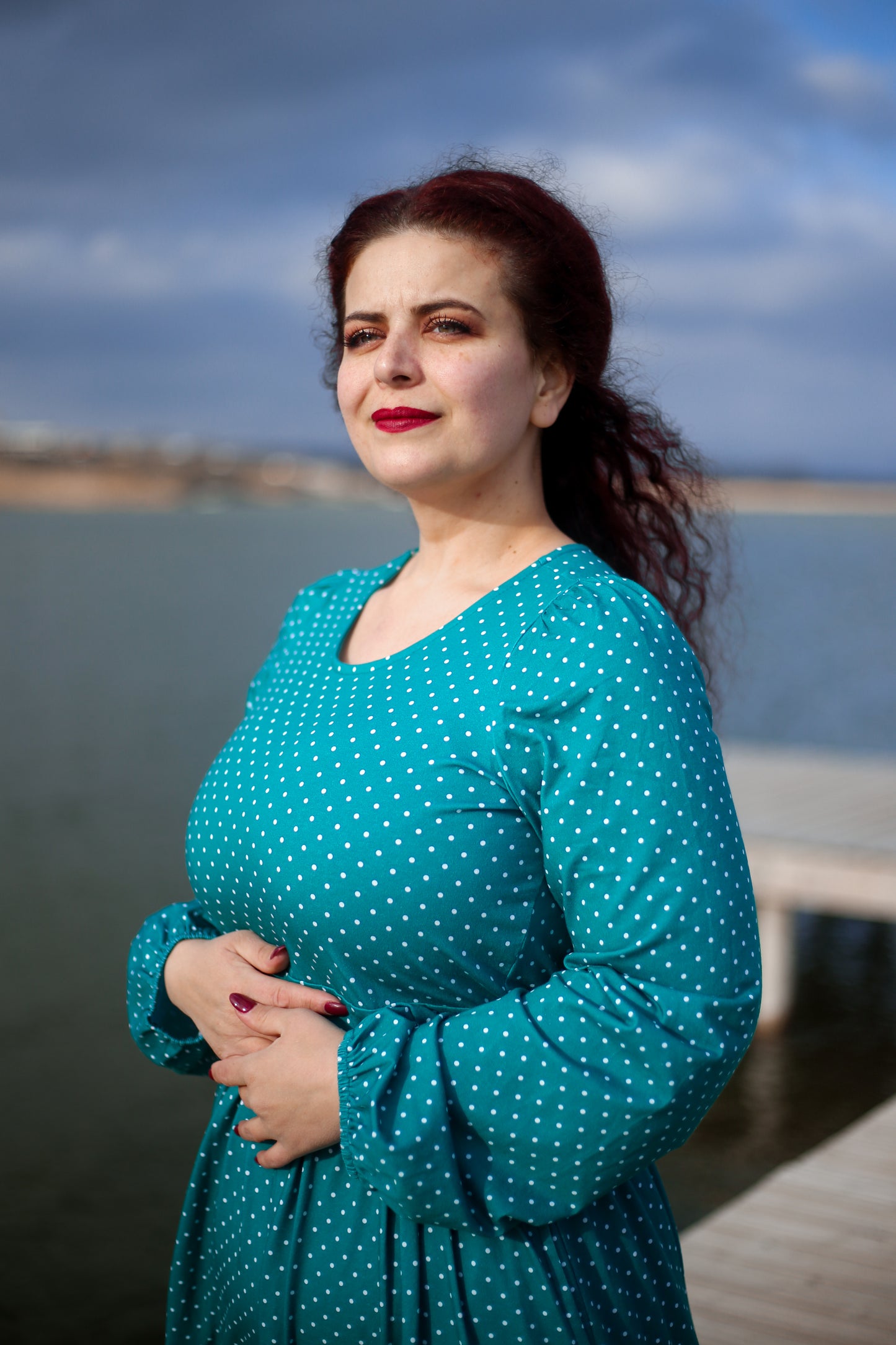 woman wearing modest nursing dress