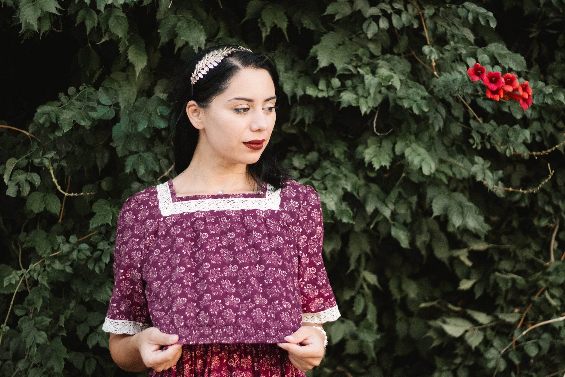 Woman wearing modest nursing dress outdoors