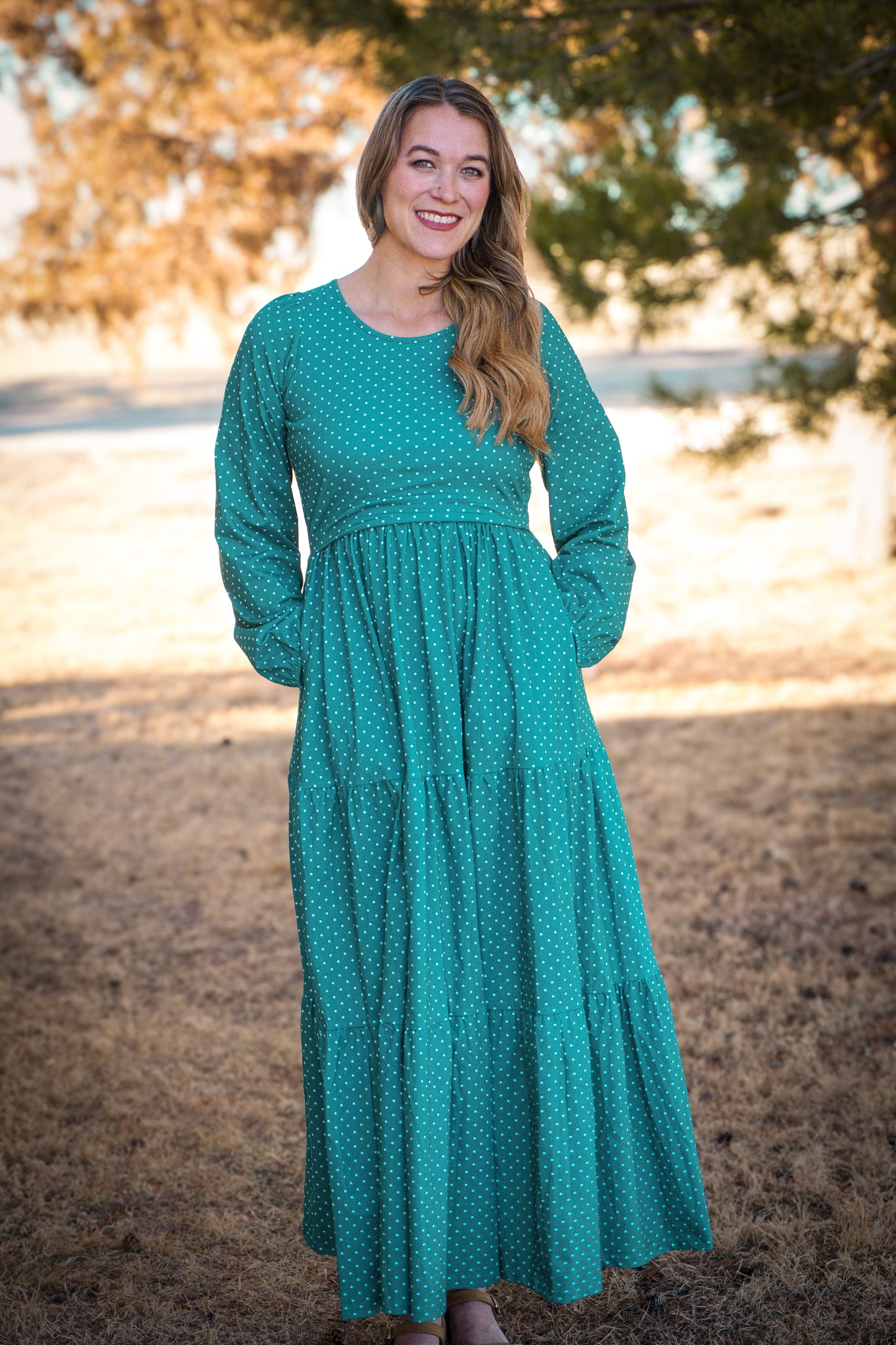 woman wearing modest nursing dress