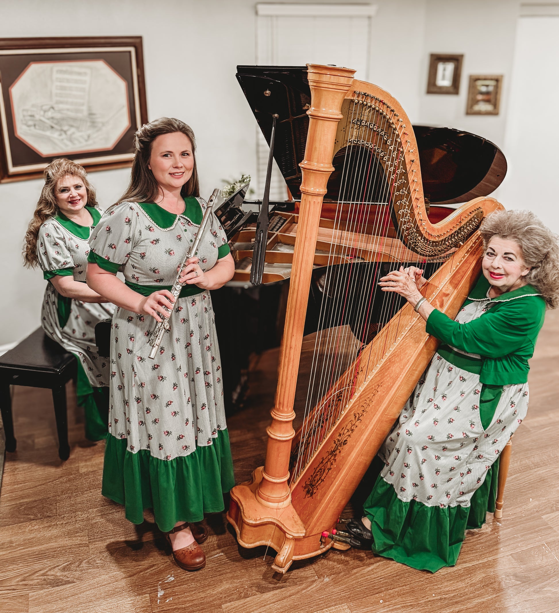 women wearing green and white striped modest nursing dresses