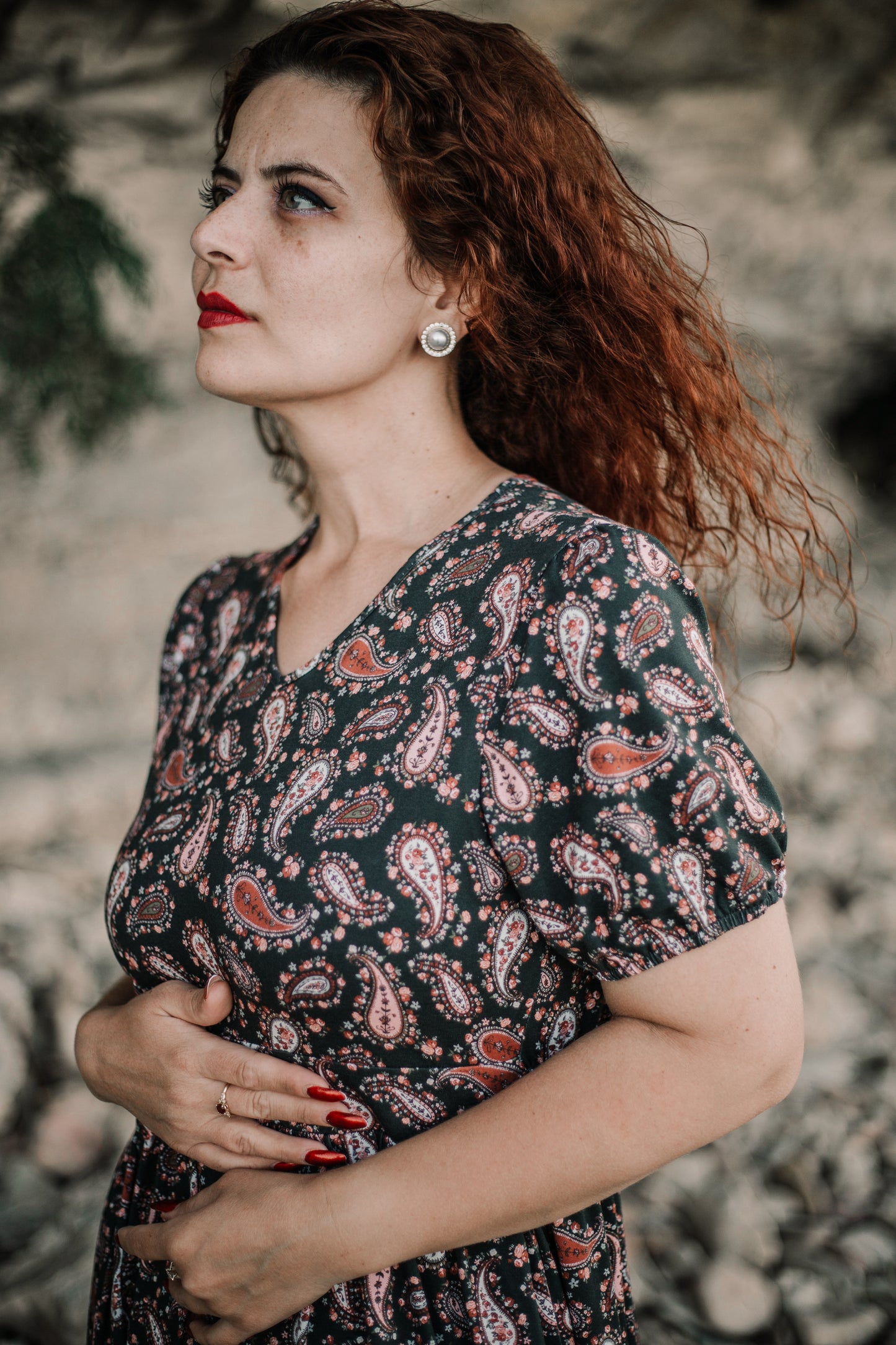 woman wearing a modest nursing floral dress