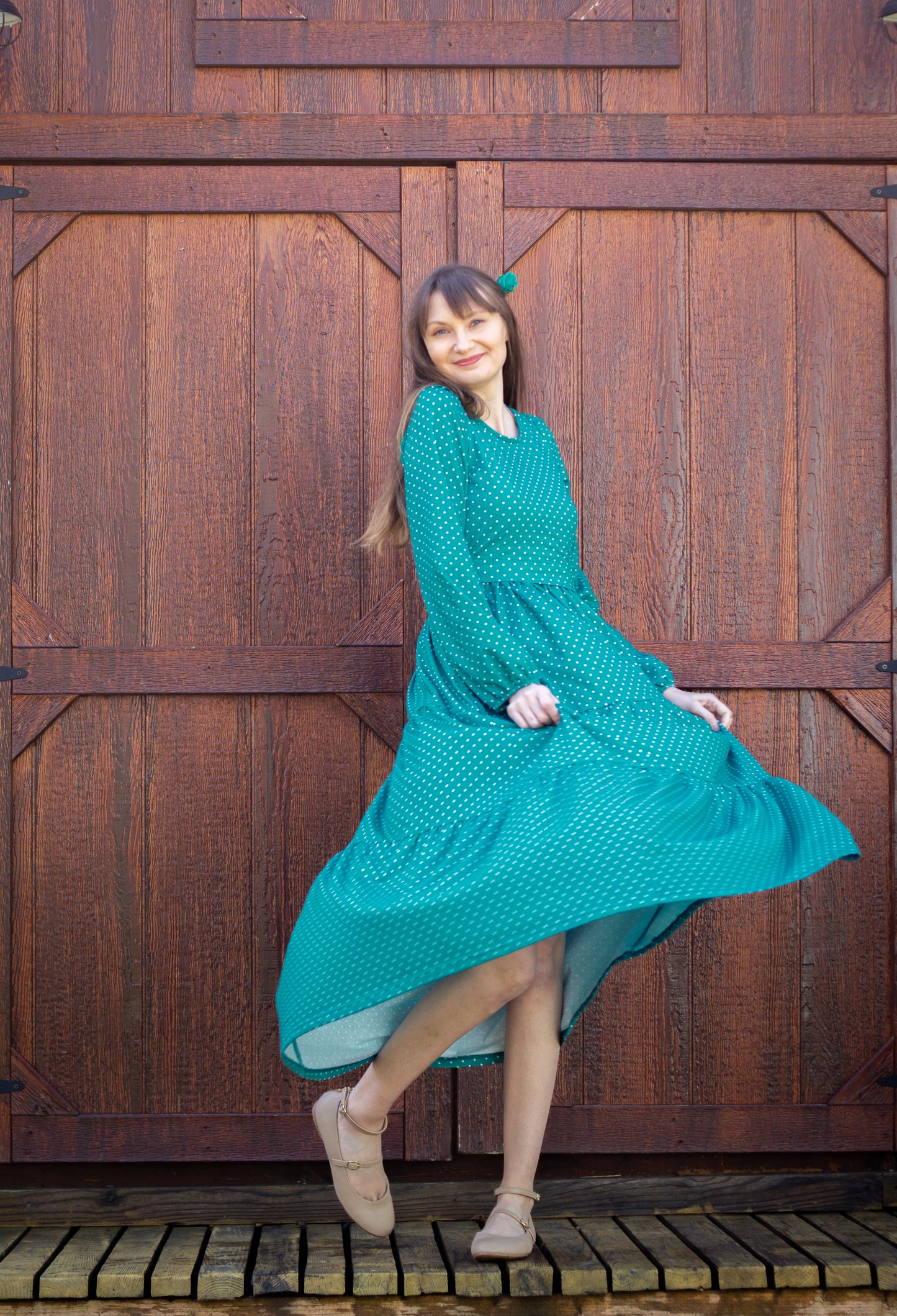 woman wearing modest nursing dress