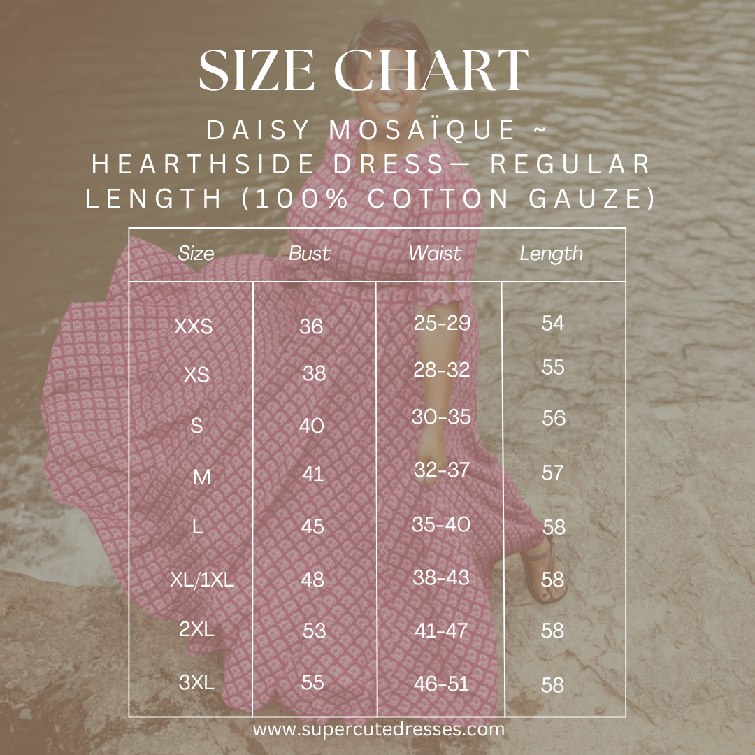 Size chart for Daisy Mosaçaque Hearthside Dress with a model wearing the dress.