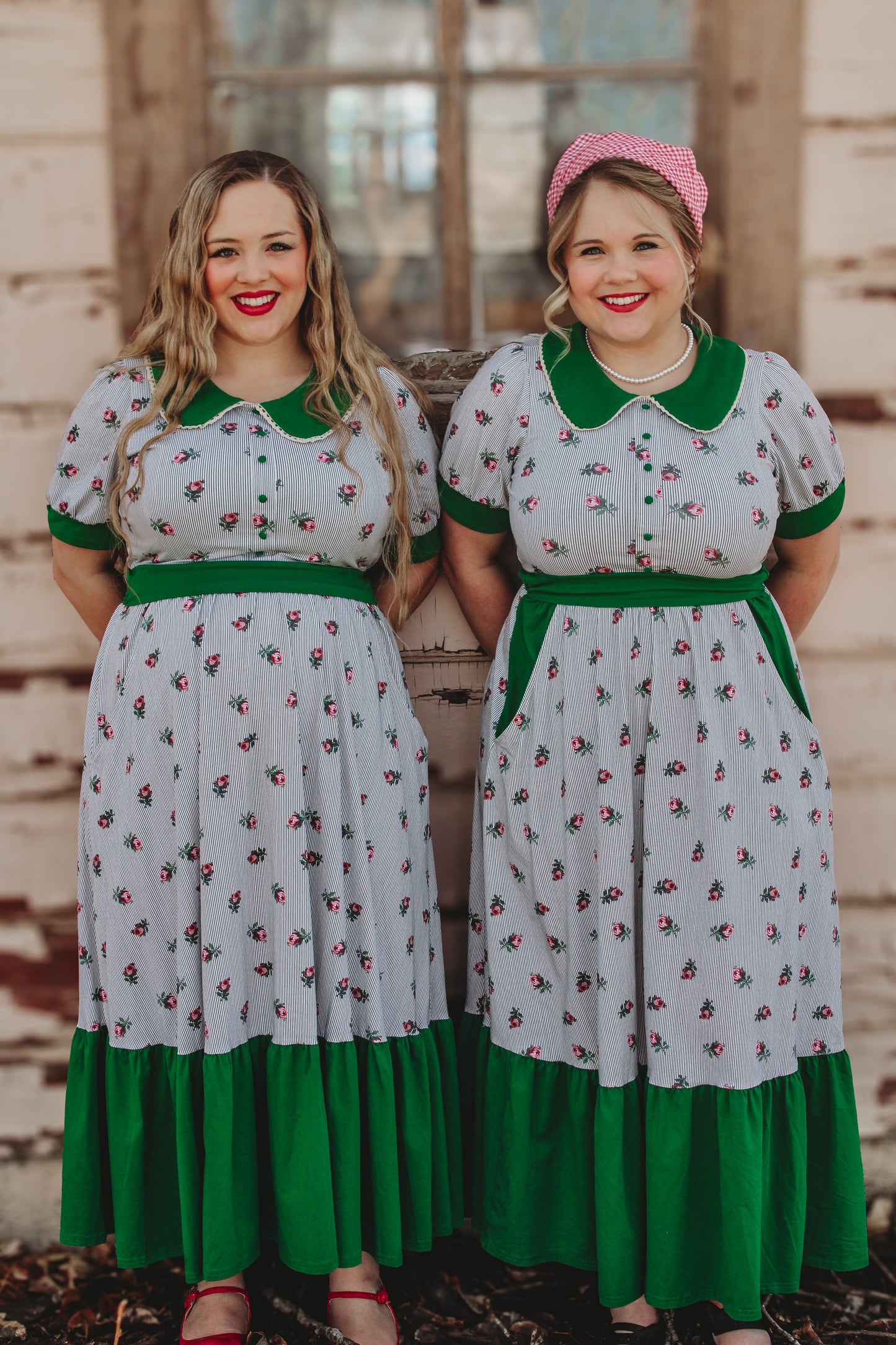 women wearing green and white striped modest nursing dresses