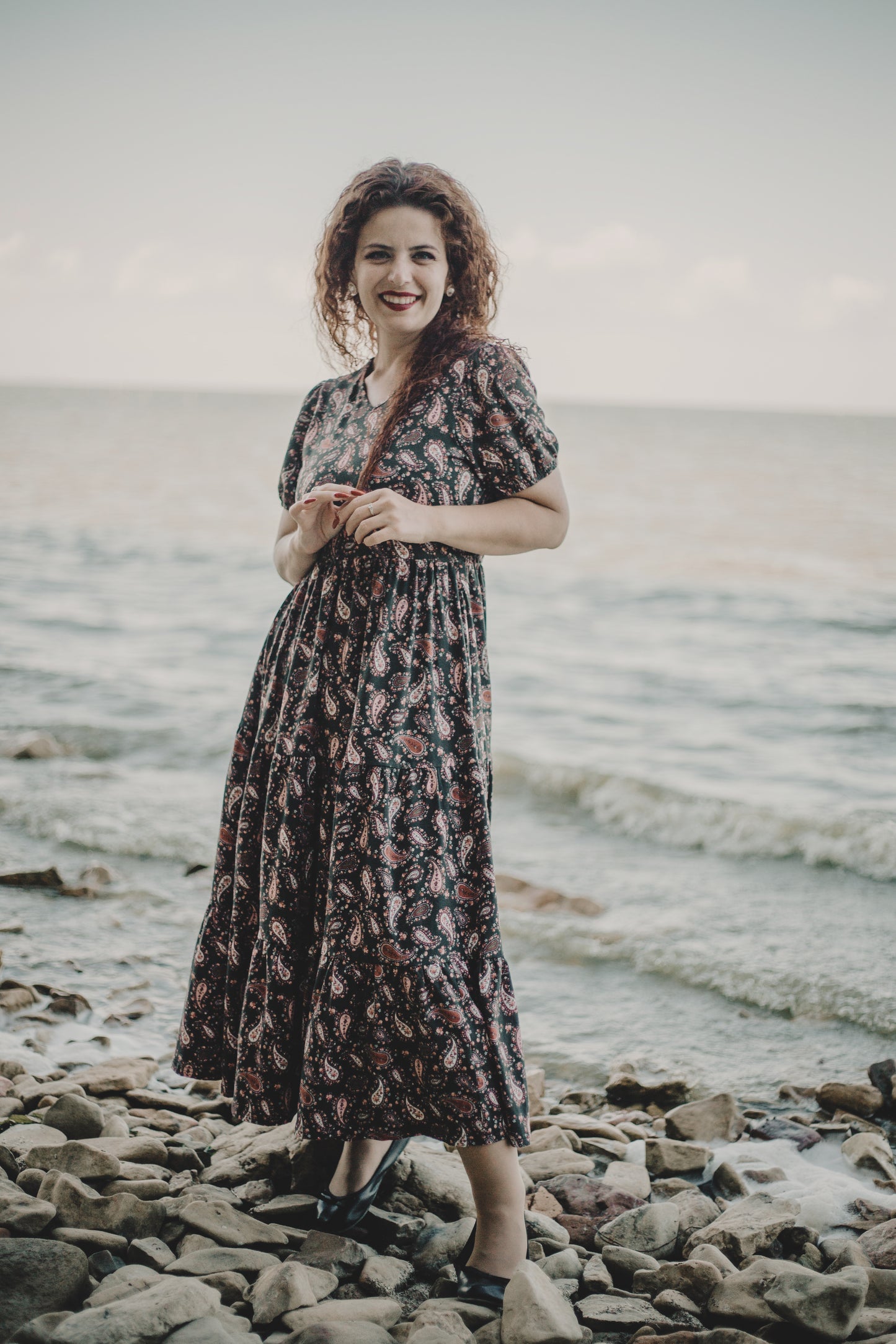 woman wearing a modest nursing floral dress