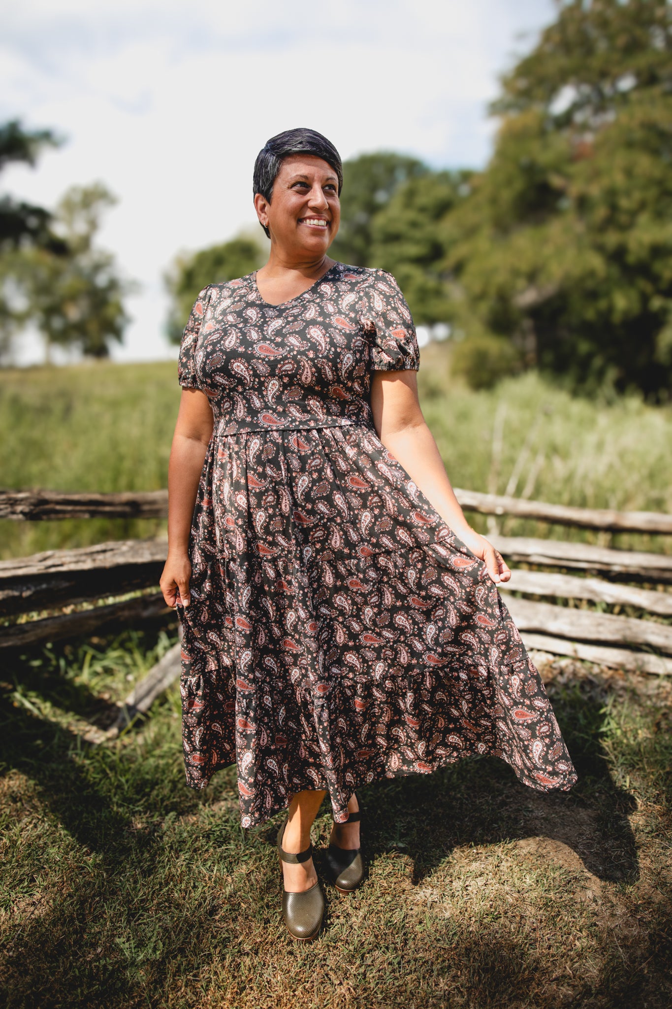 woman wearing a modest nursing floral dress