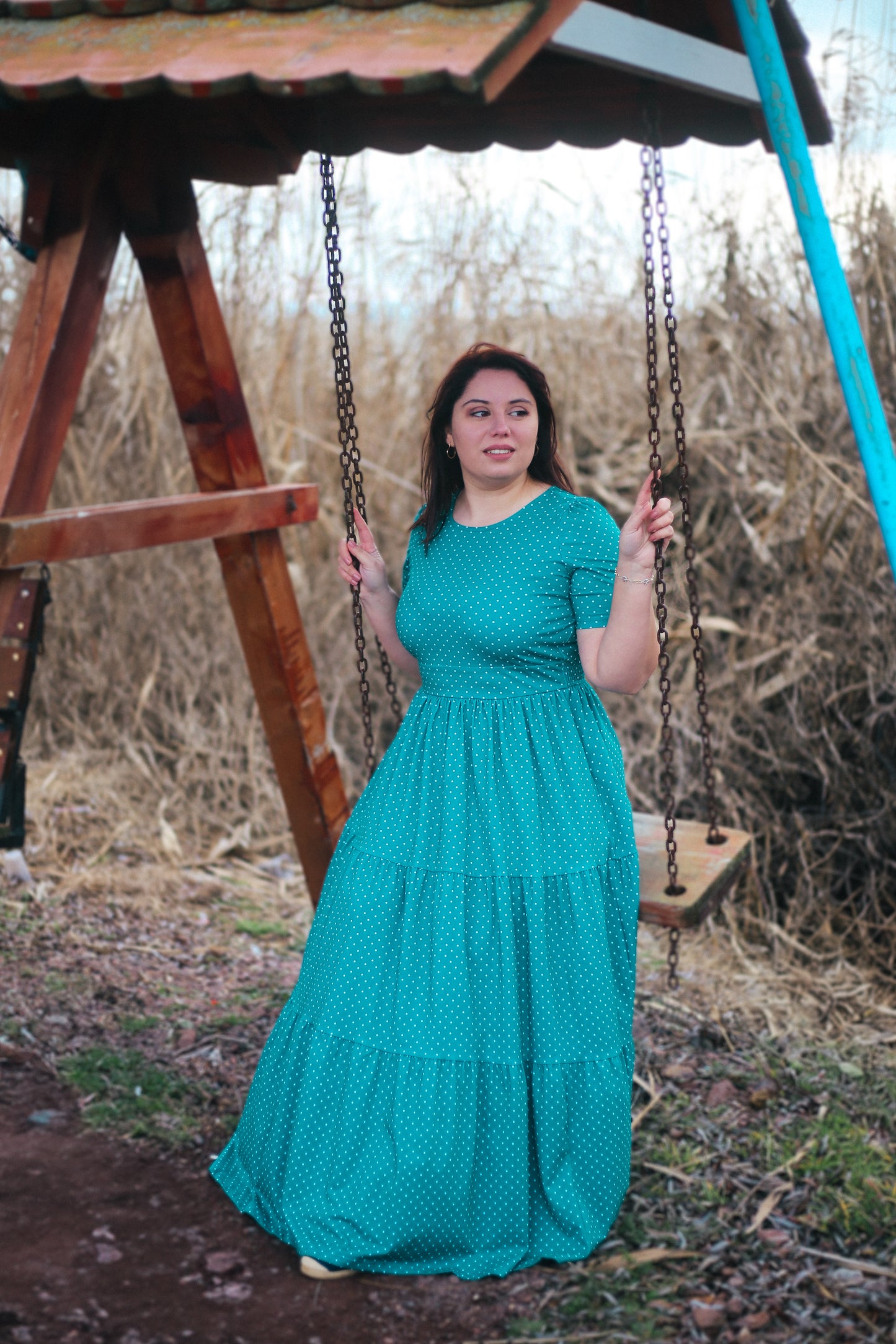 woman wearing modest nursing dress