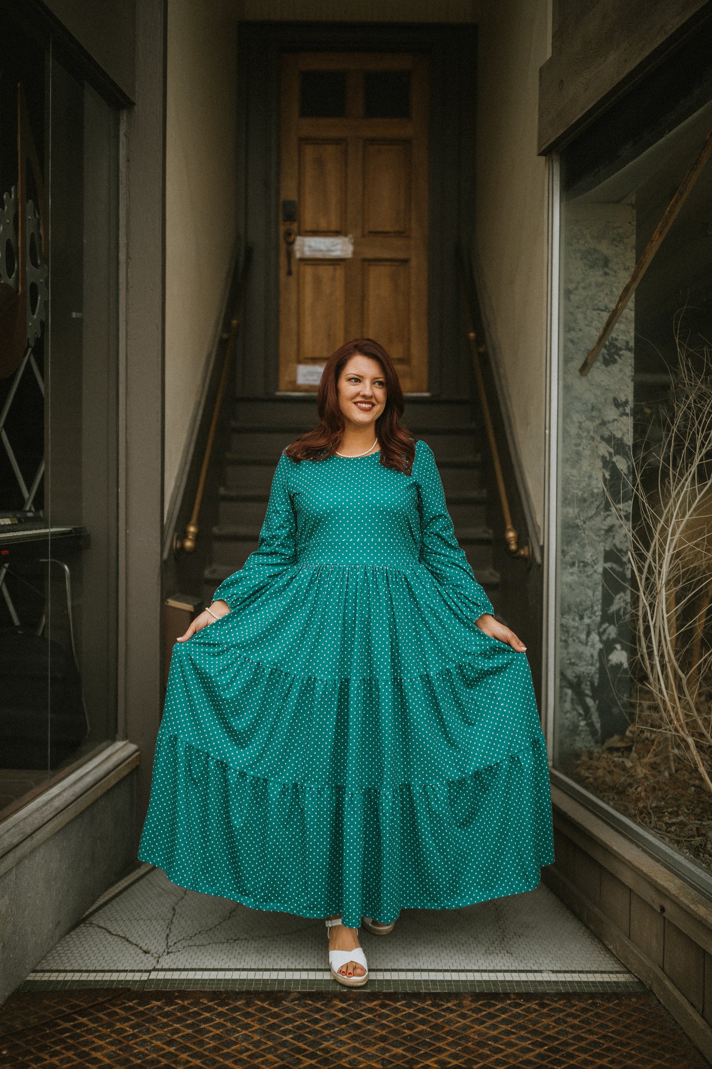 woman wearing modest nursing dress