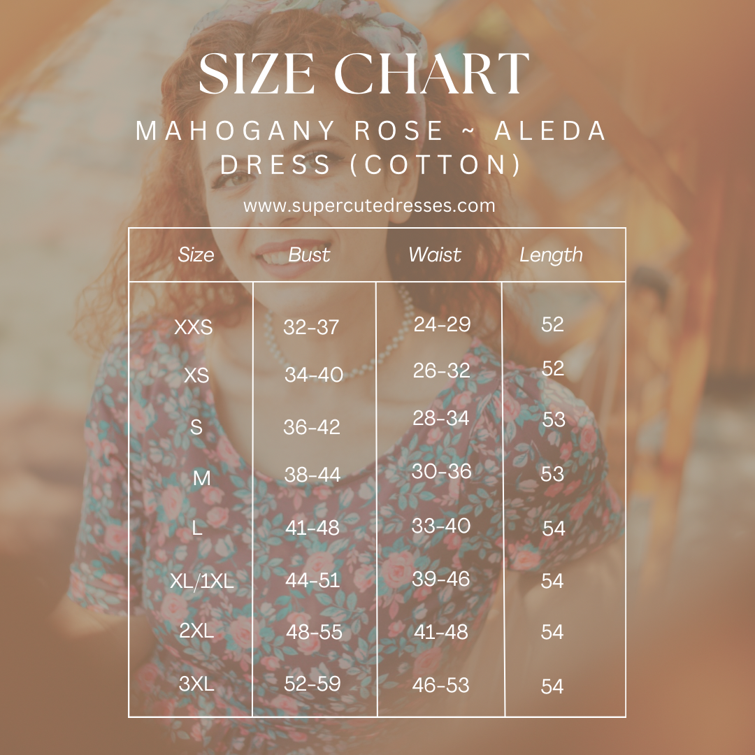 Size chart for Mahogany Rose Aleeda Dress with a blurred background