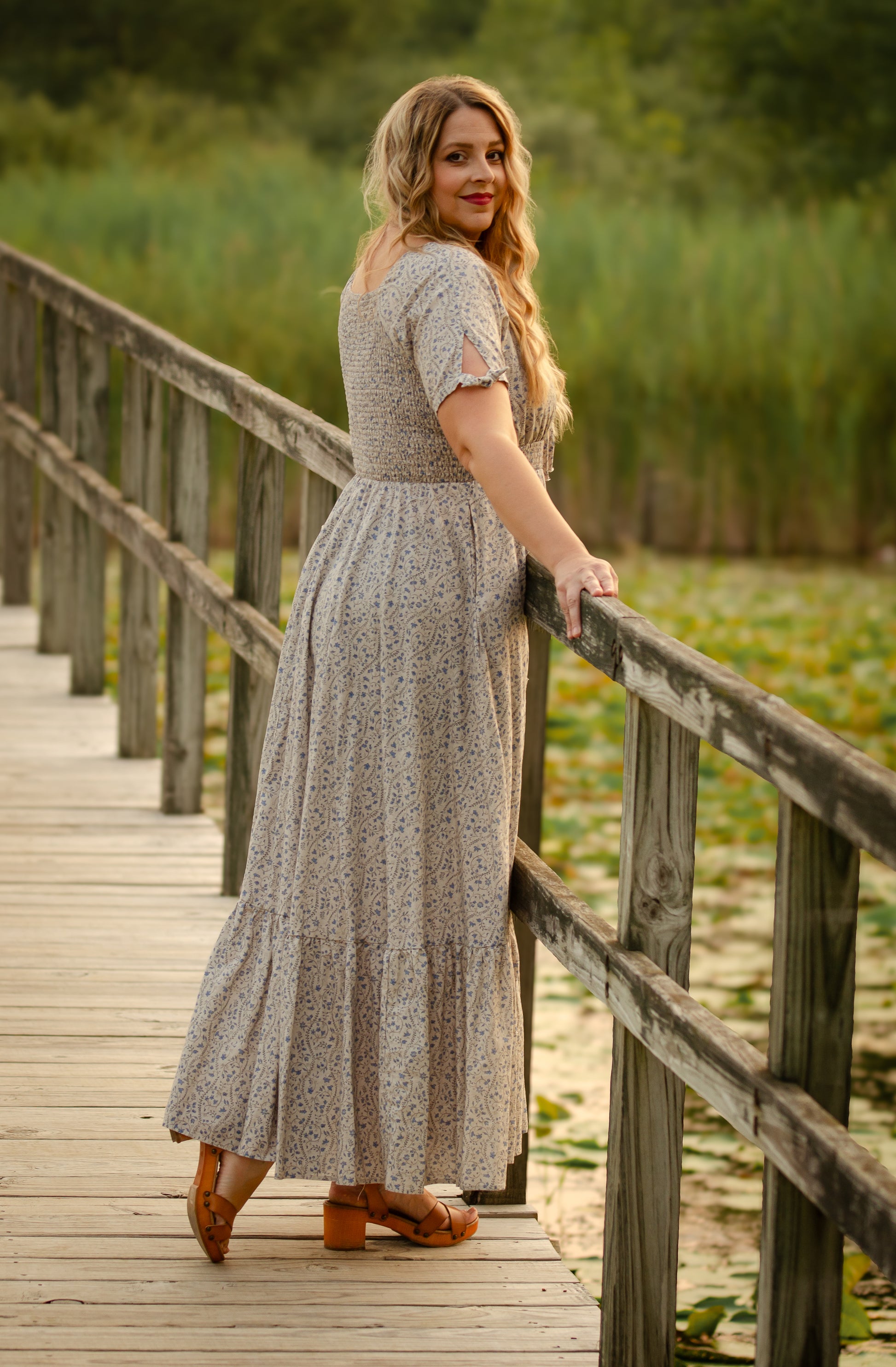 woman in patterned modest nursing dress