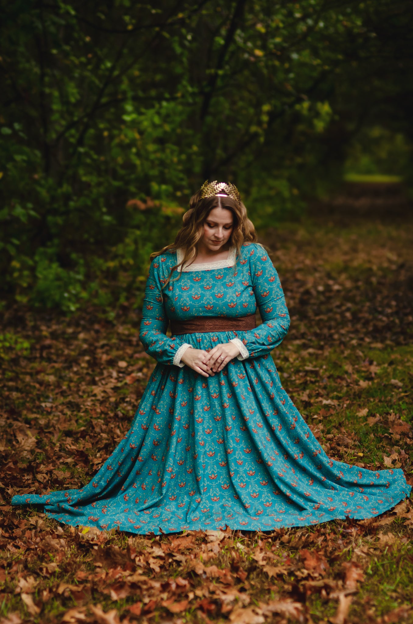 Woman in modest nursing blue floral dress
