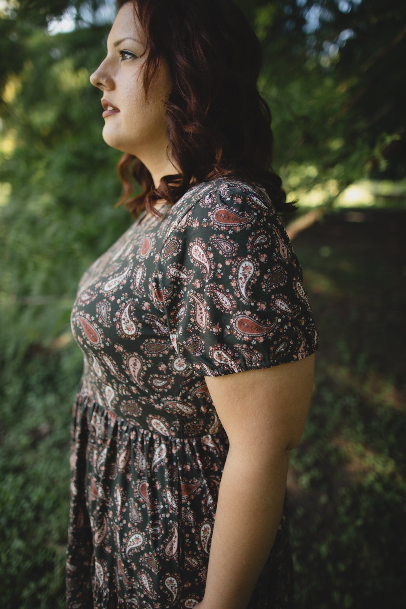 woman wearing a modest nursing floral dress