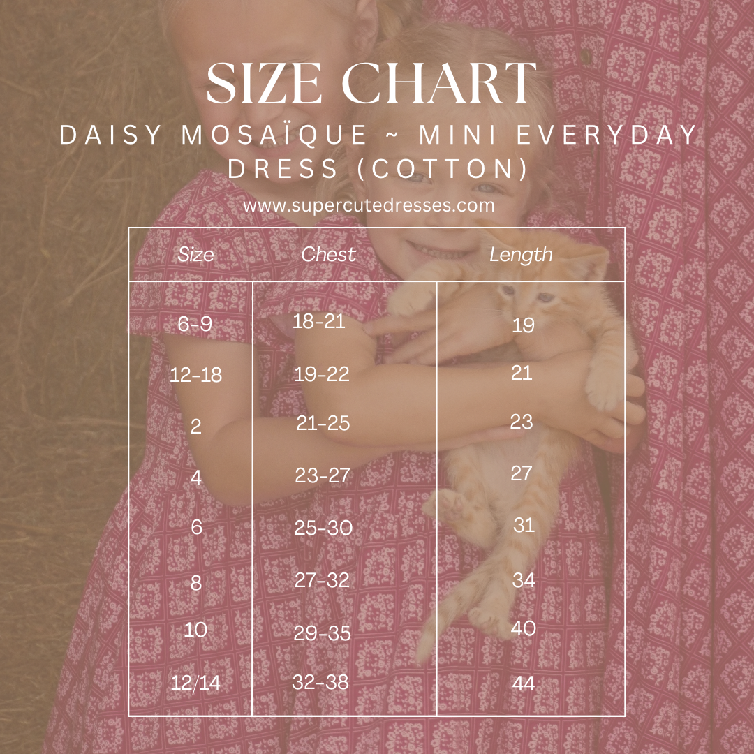 Size chart for Daisy Mosaçaque mini everyday dress with a model wearing the dress.