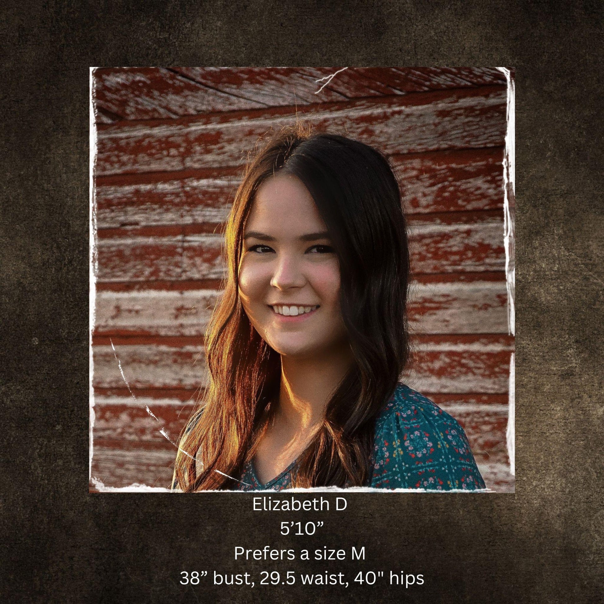 Woman with long dark hair smiling in front of a wooden wall, with text about her measurements.