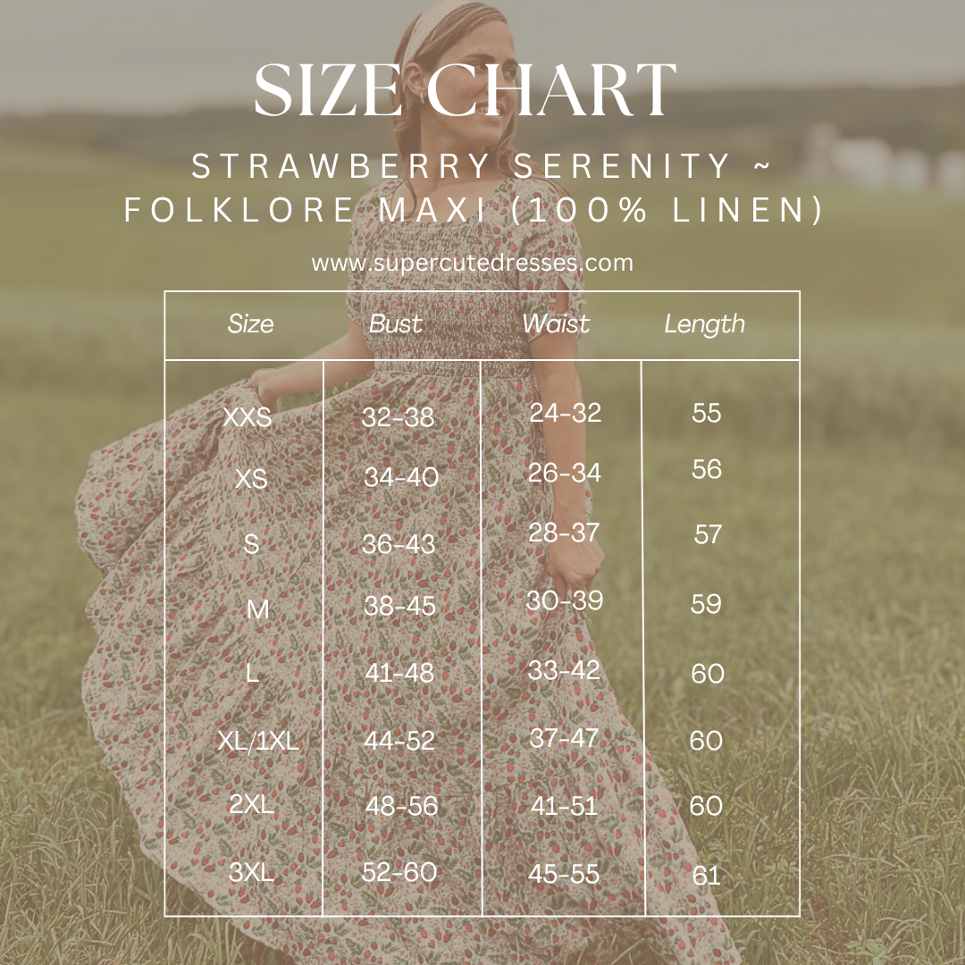 Size chart for Strawberry Serenity Folklore Maxi dress with a blurred background of a person wearing the modest nursing dress.