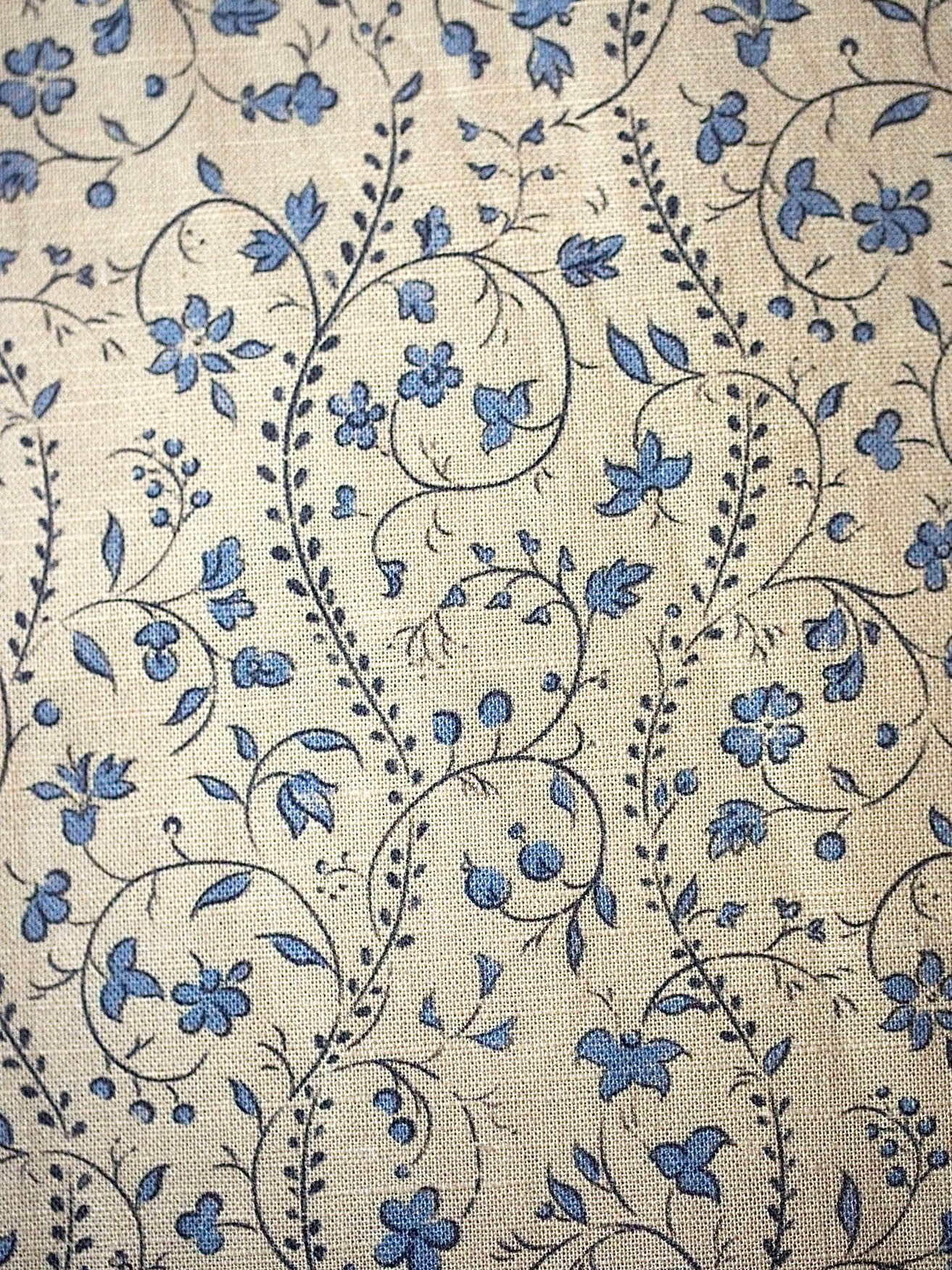 Textile pattern with blue flowers and leaves on a beige background