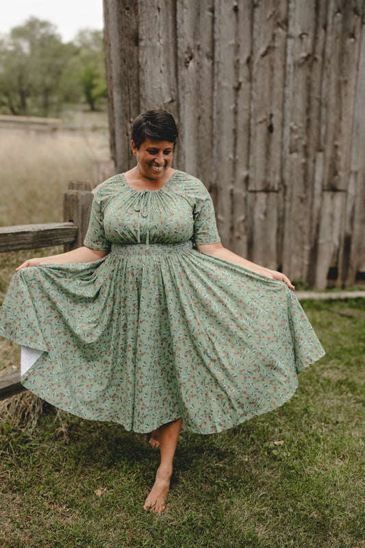 Woman in modest nursing dress outdoors