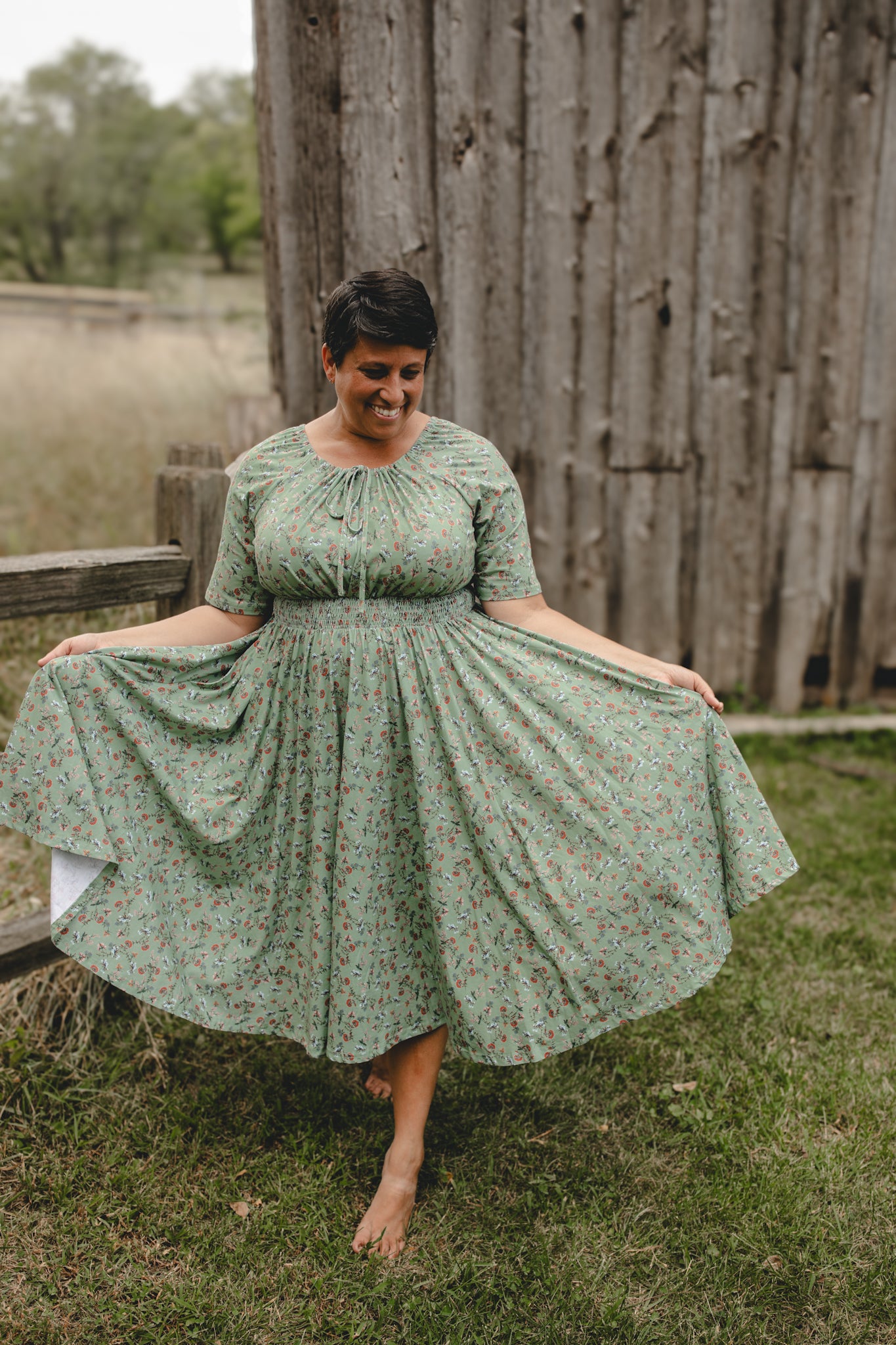 Woman in modest nursing dress outdoors