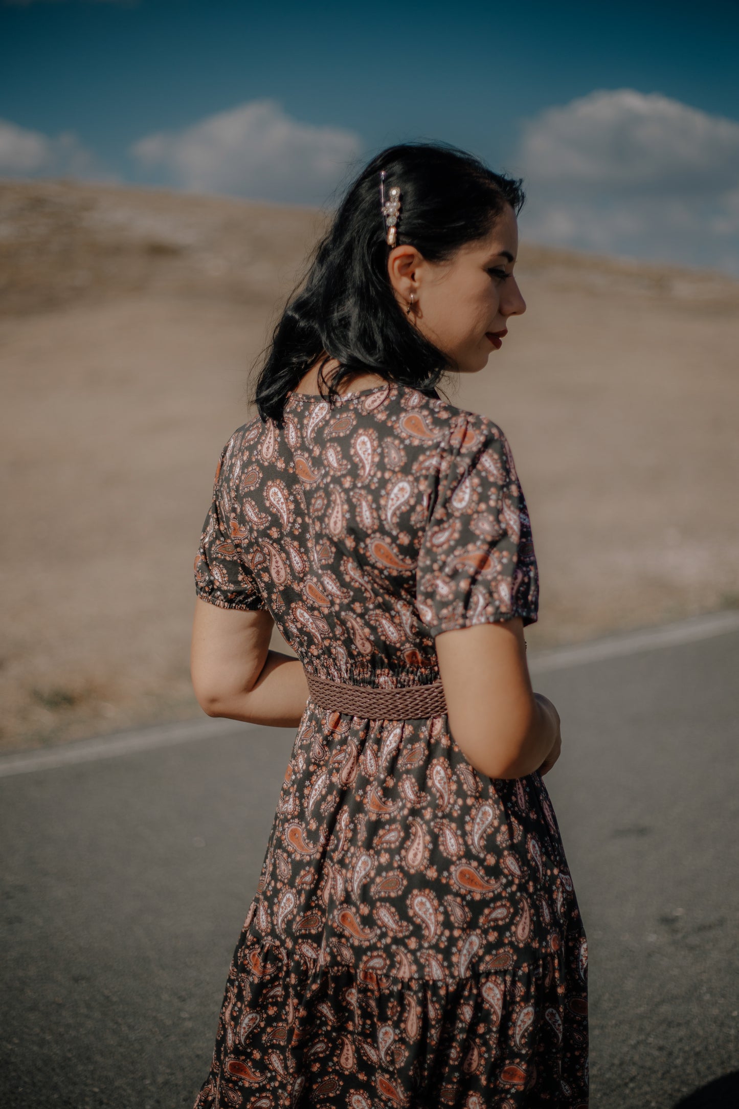 woman wearing a modest nursing floral dress