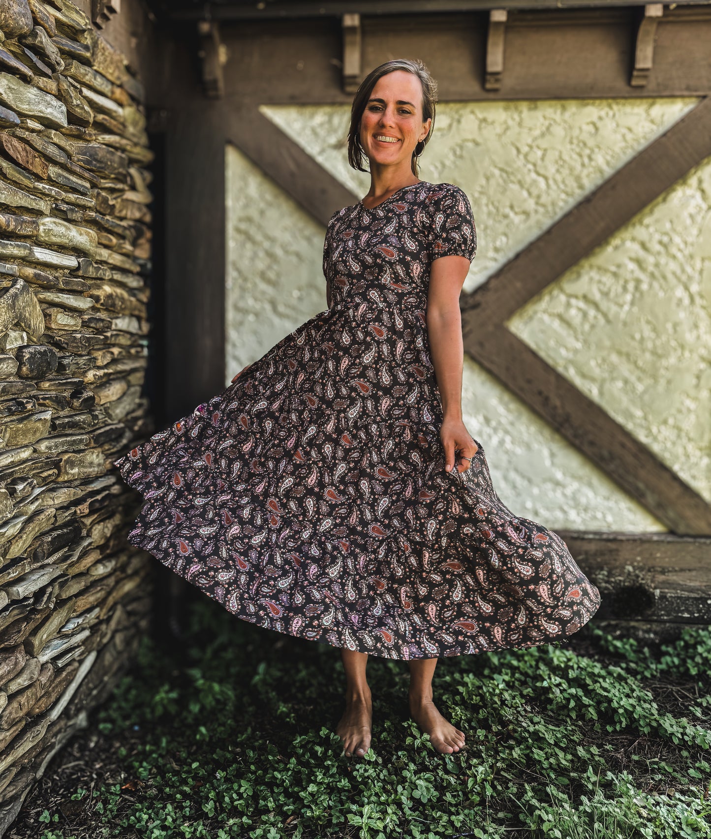 woman wearing a modest nursing floral dress
