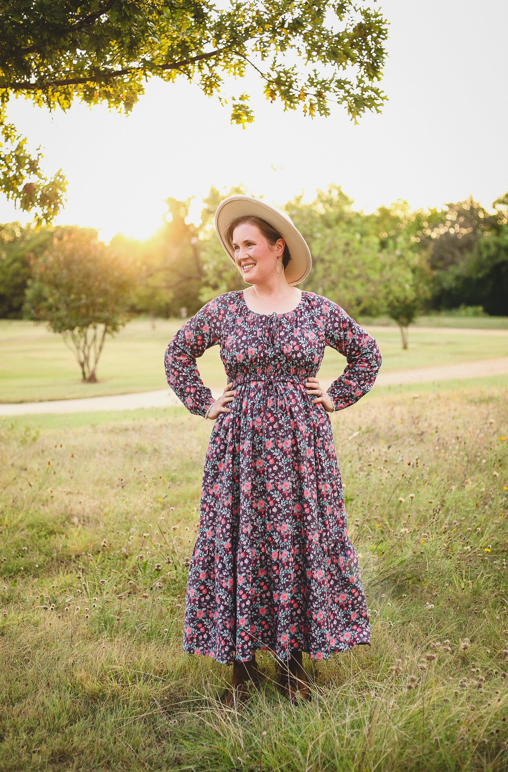 Woman in modest nursing dress outdoors