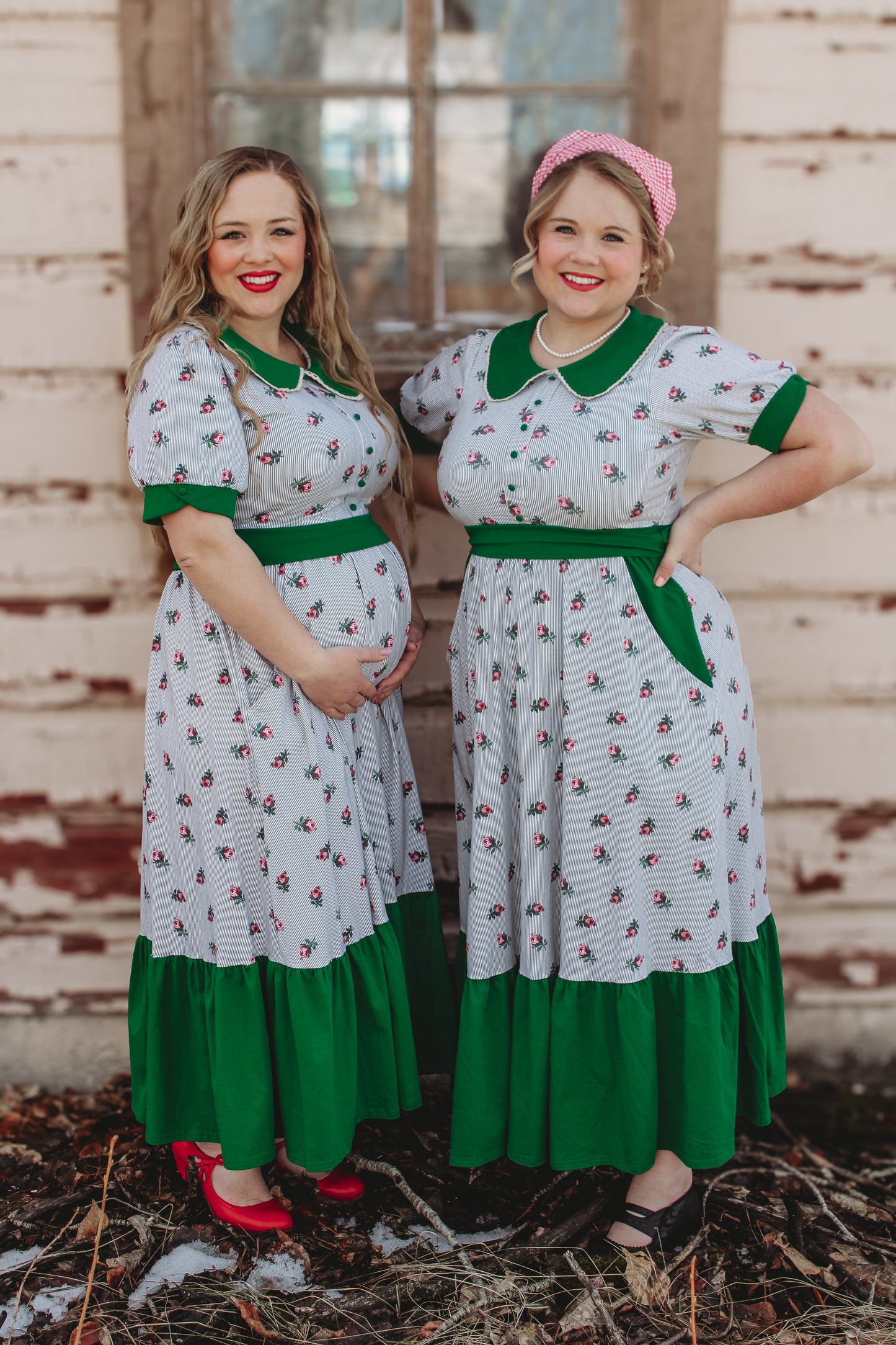 women wearing green and white striped modest nursing dresses