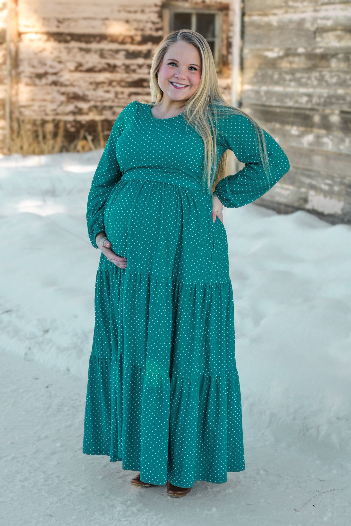 woman wearing modest nursing dress