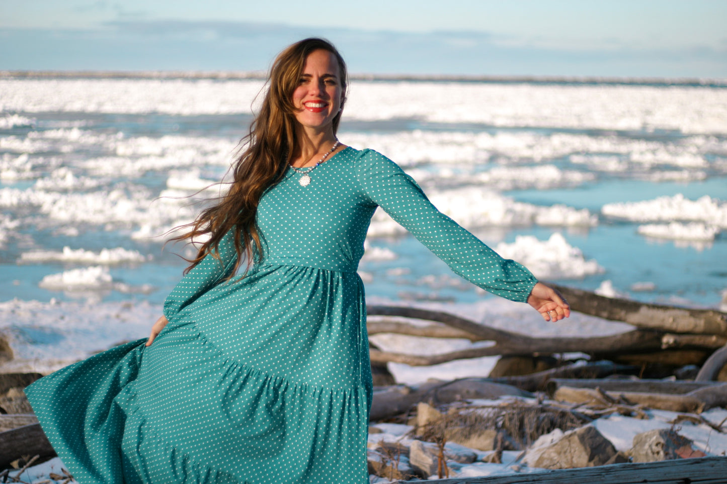 woman wearing modest nursing dress