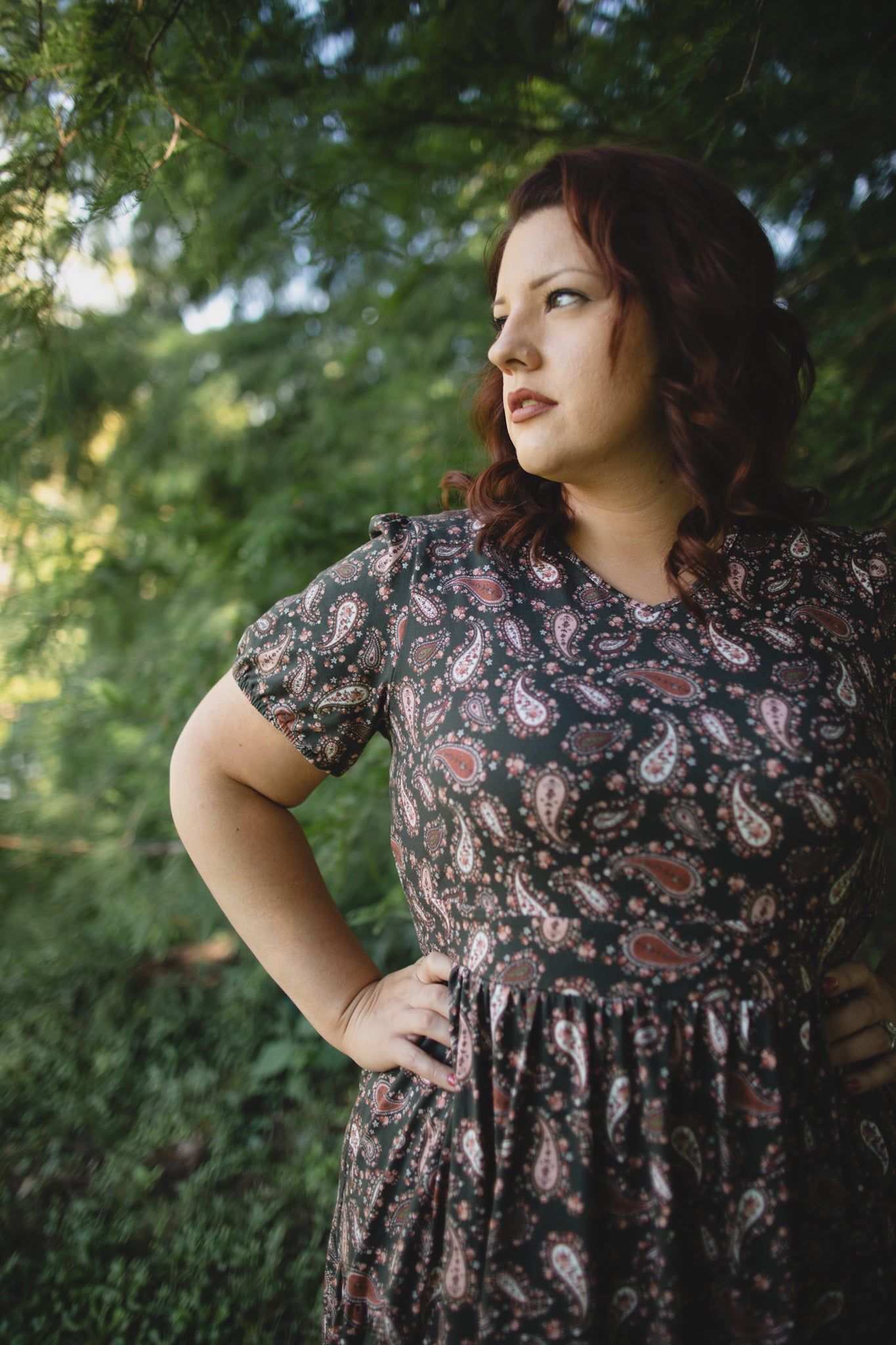 woman wearing a modest nursing floral dress