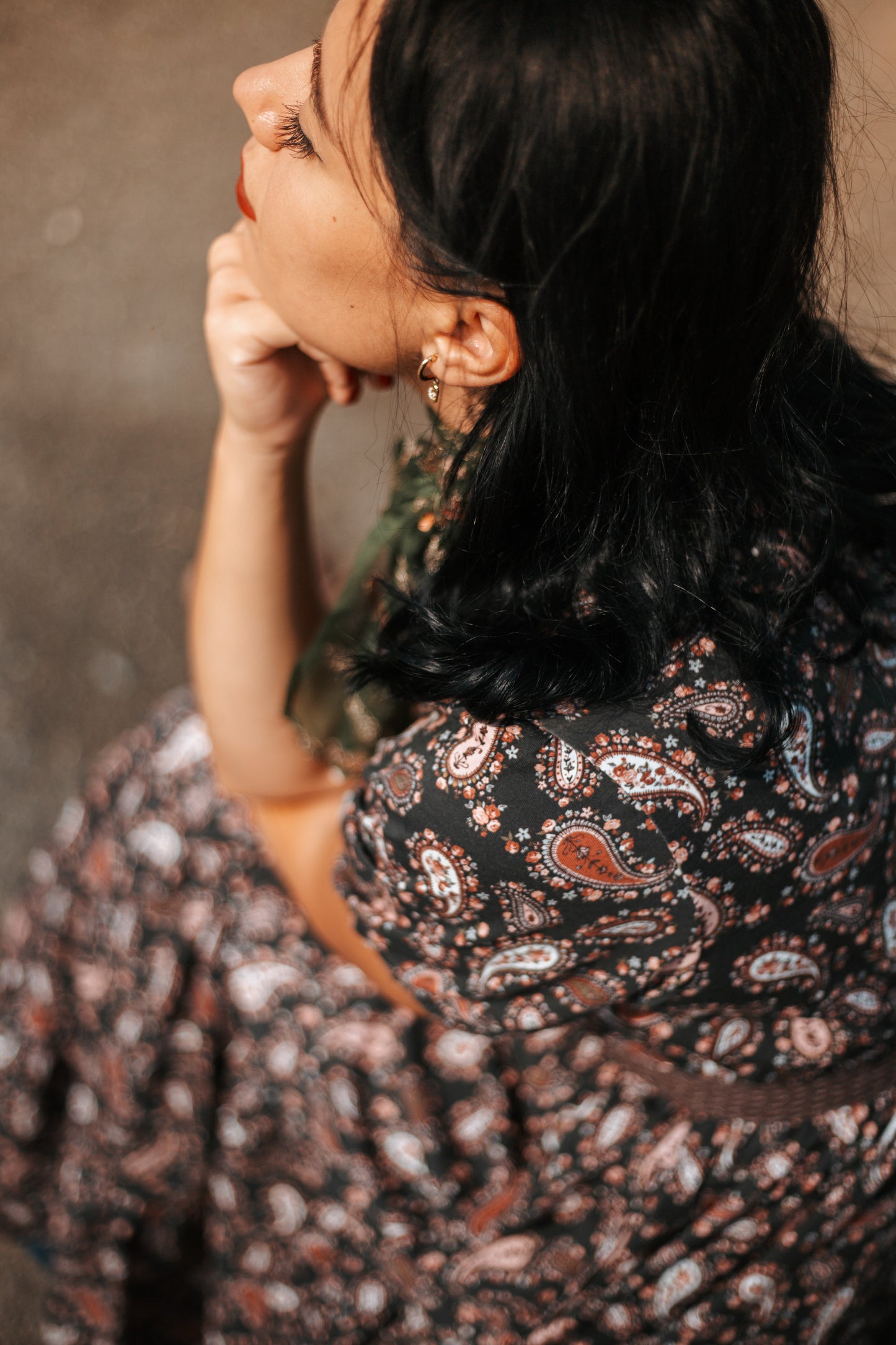 woman wearing a modest nursing floral dress