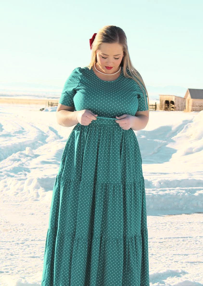 woman wearing modest nursing dress
