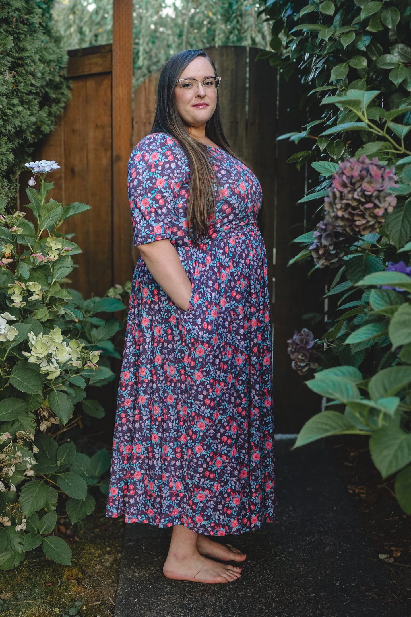 woman wearing a modest nursing floral dress