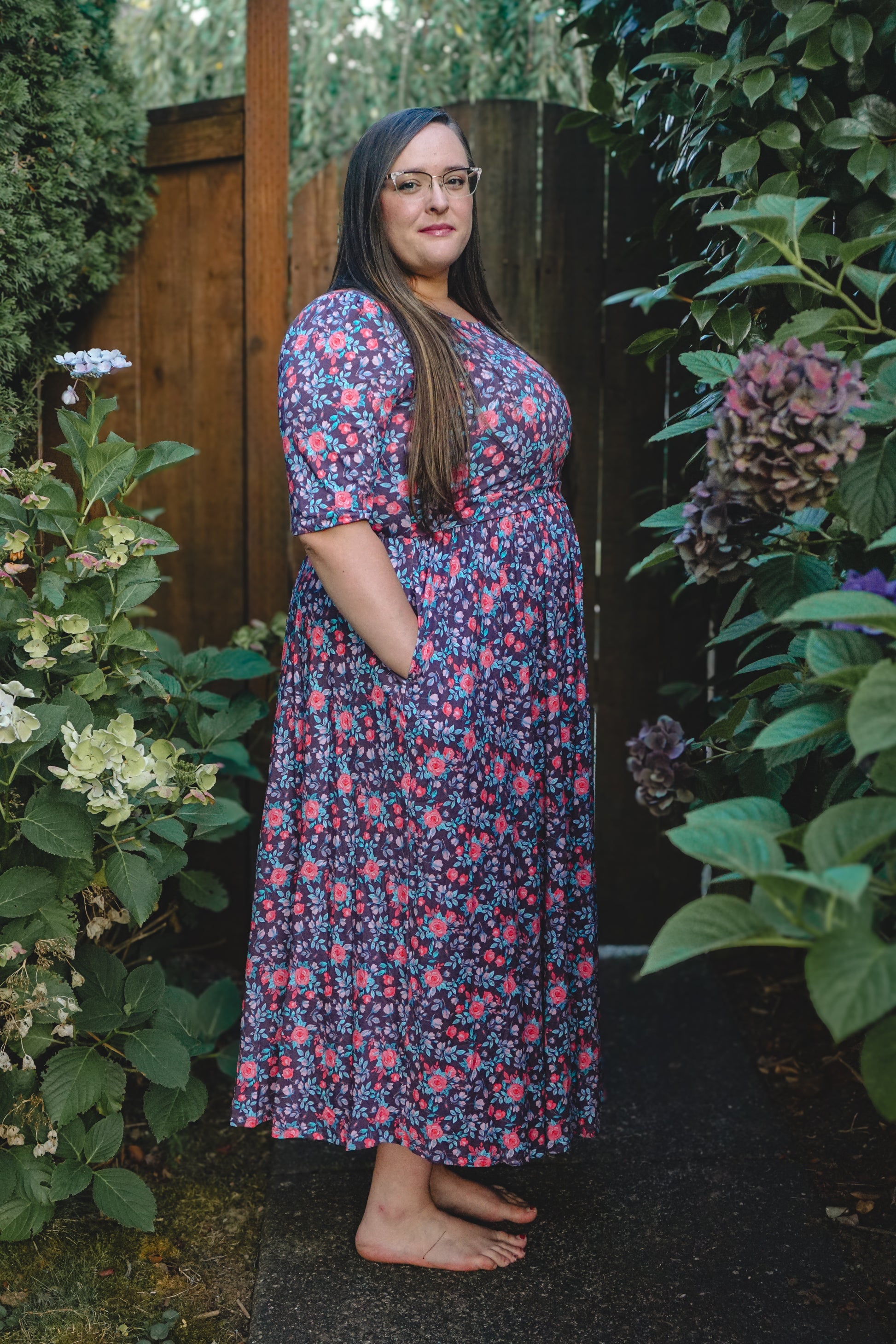 woman wearing a modest nursing floral dress