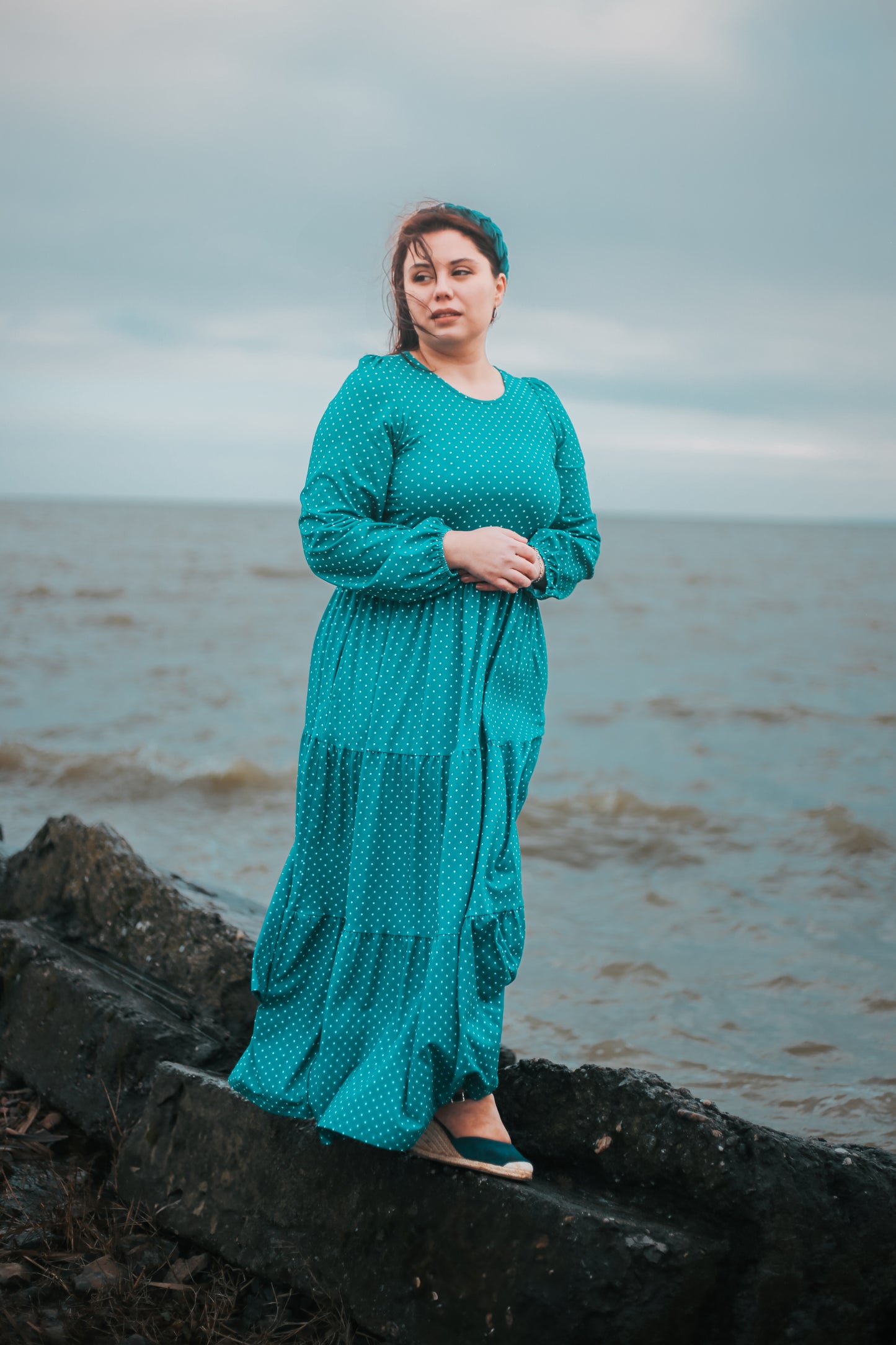 woman wearing modest nursing dress