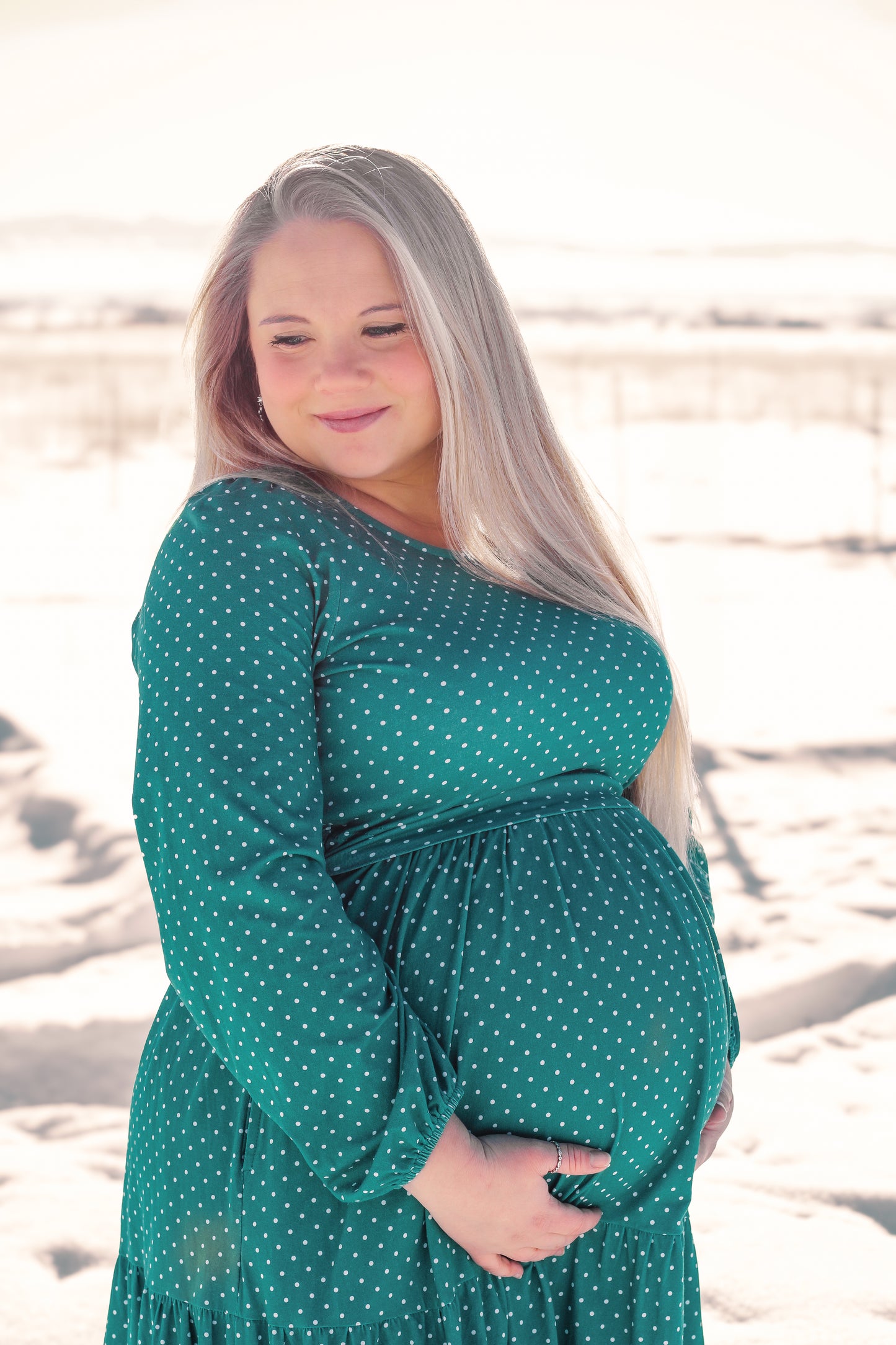 woman wearing modest nursing dress