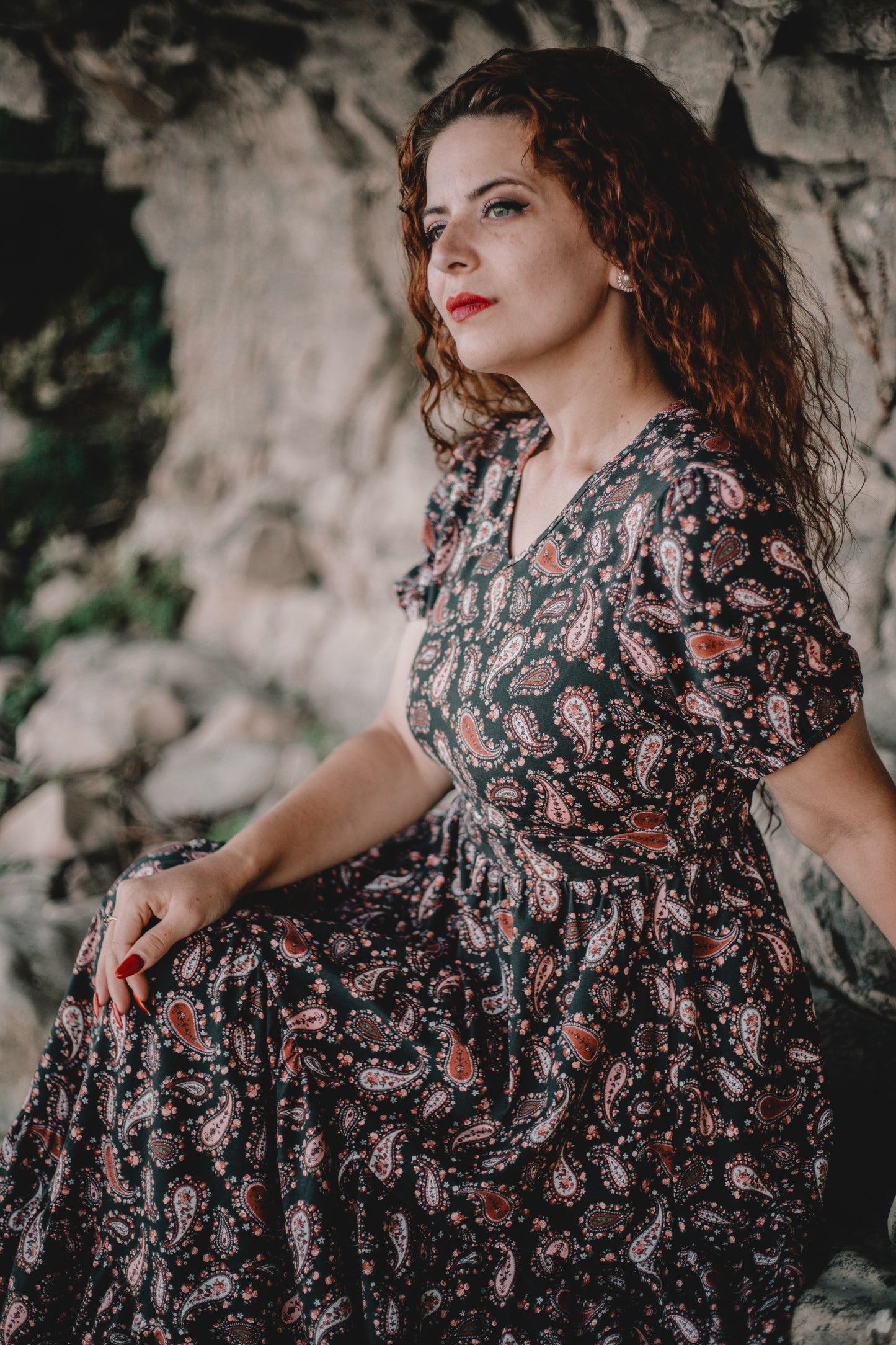woman wearing a modest nursing floral dress