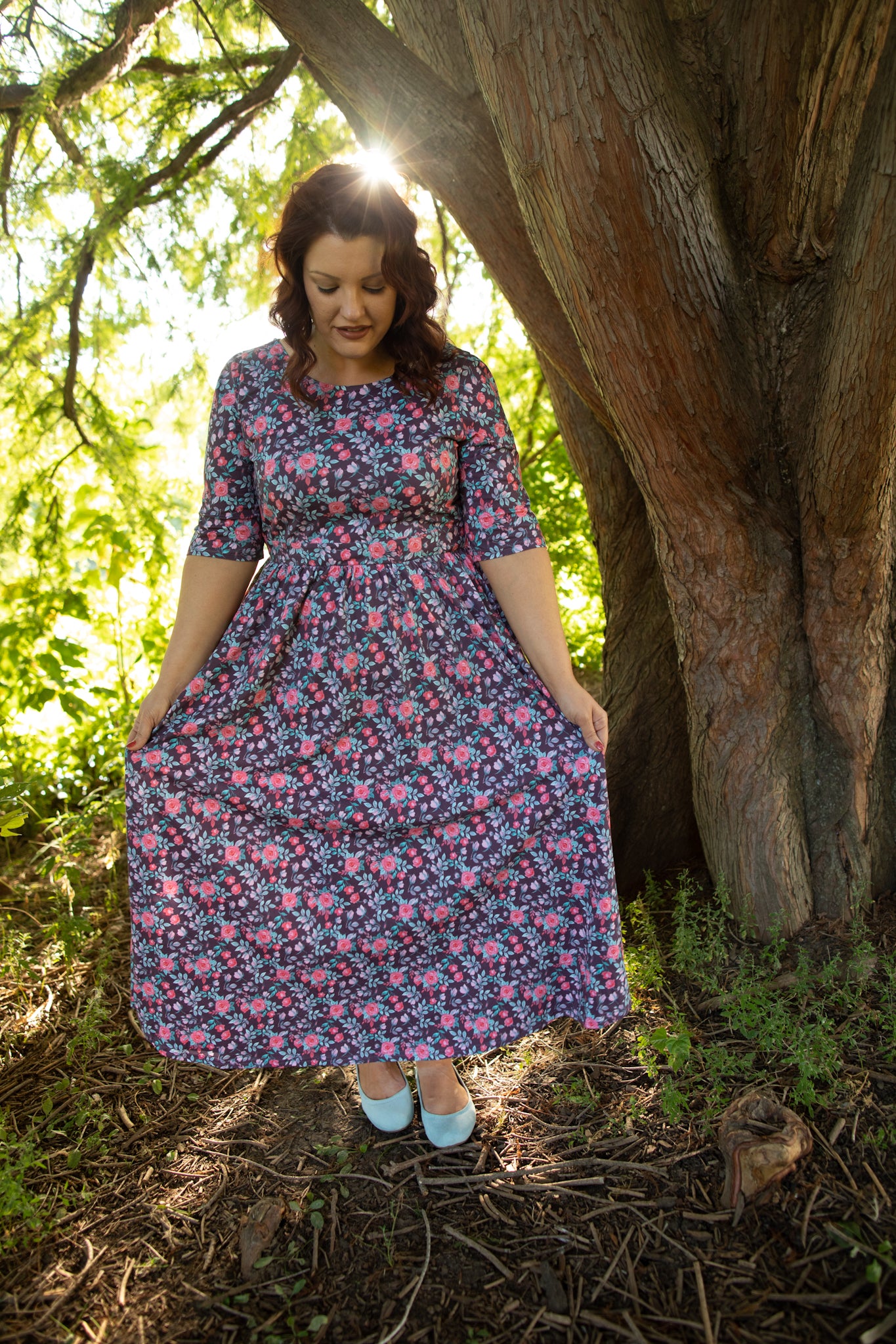 woman wearing a modest nursing floral dress