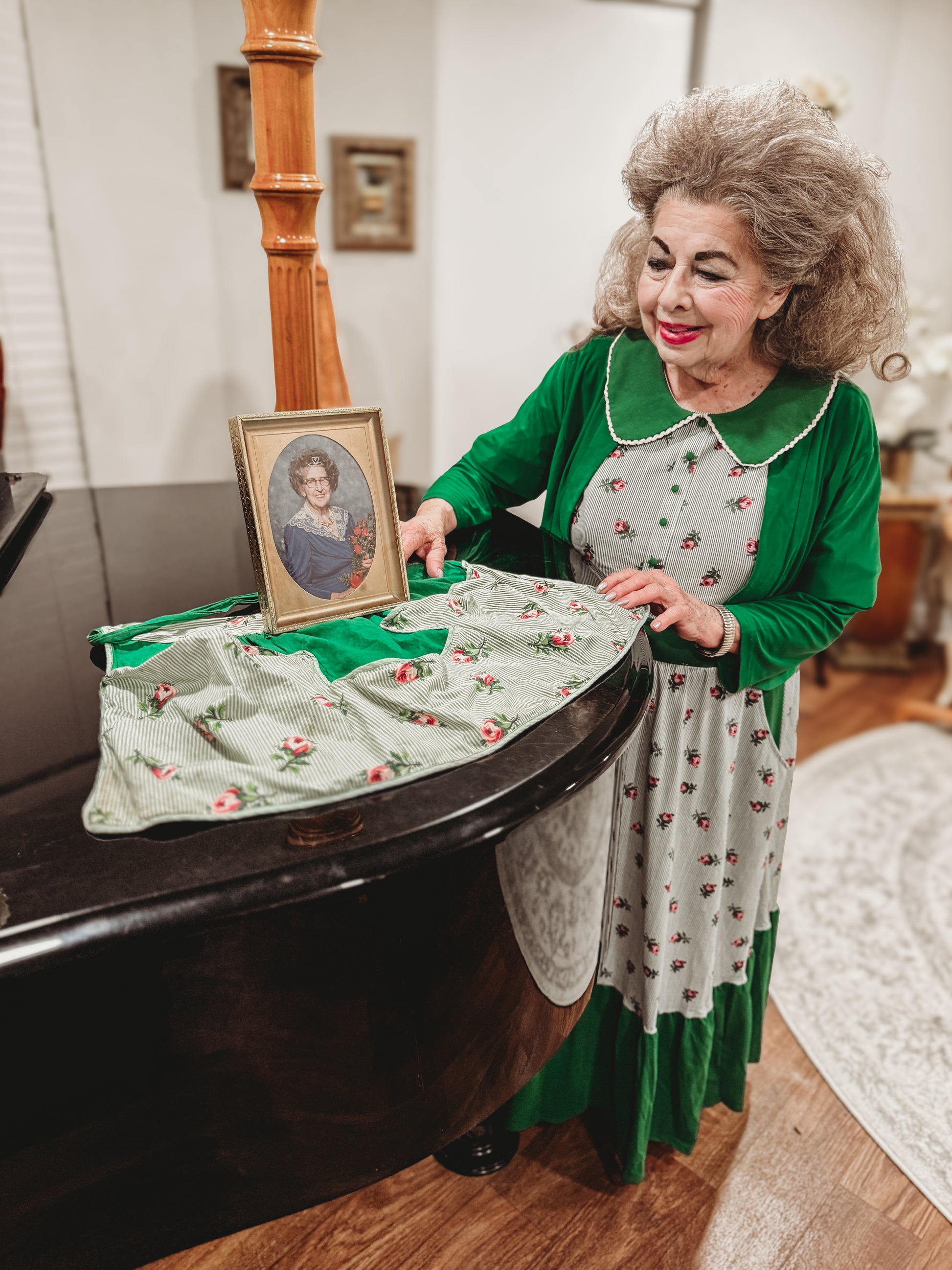 woman wearing a green and white striped modest dress