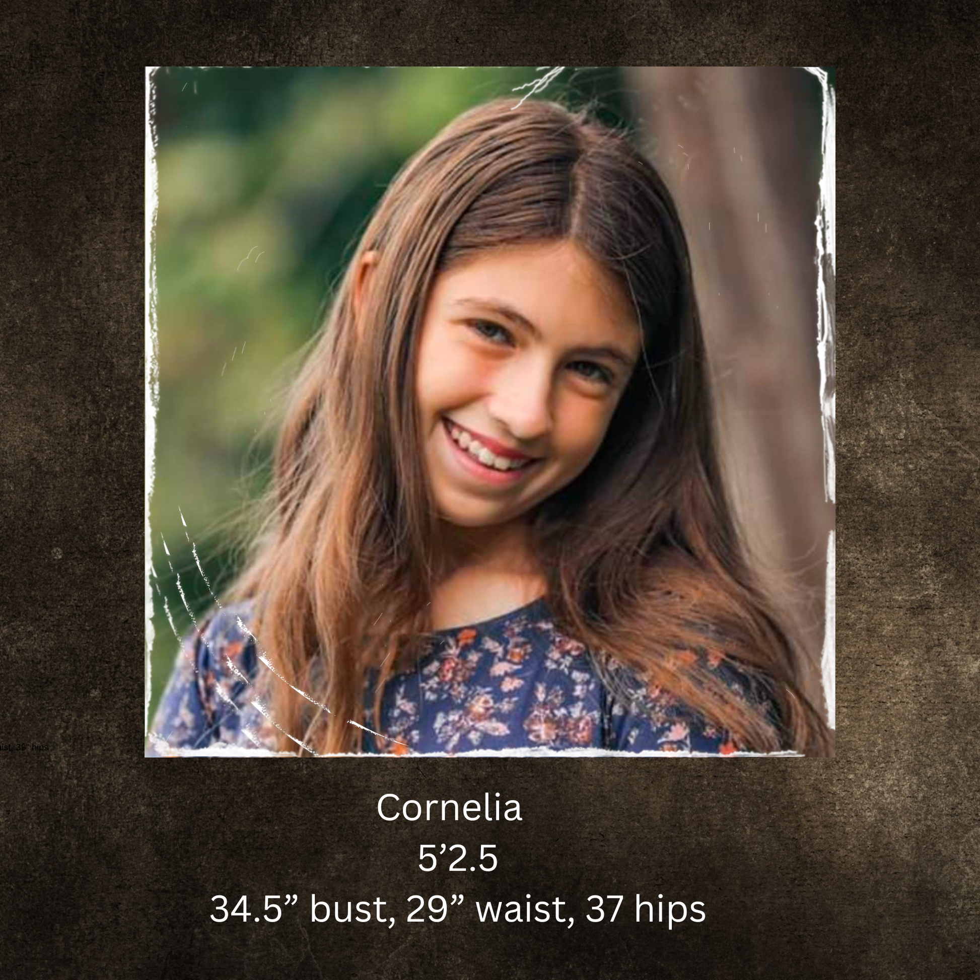 Young woman smiling outdoors with measurements text overlay