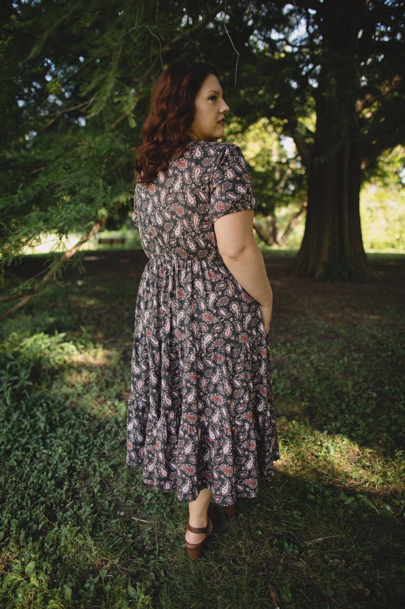 woman wearing a modest nursing floral dress