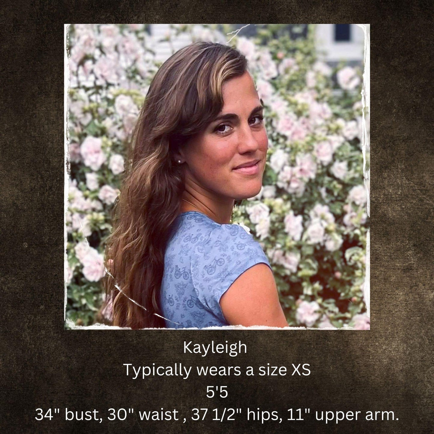 Woman in a blue dress standing in front of flowers with text about her measurements.