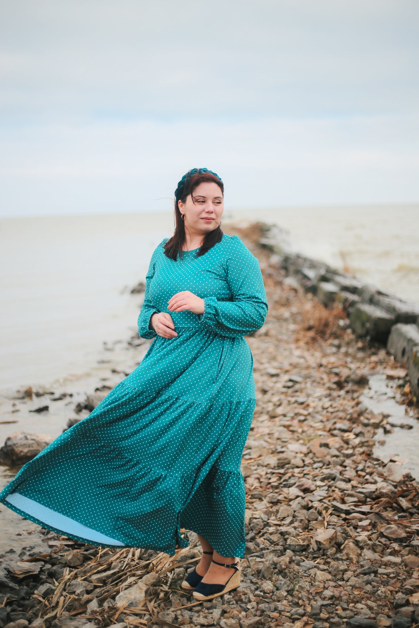 woman wearing modest nursing dress