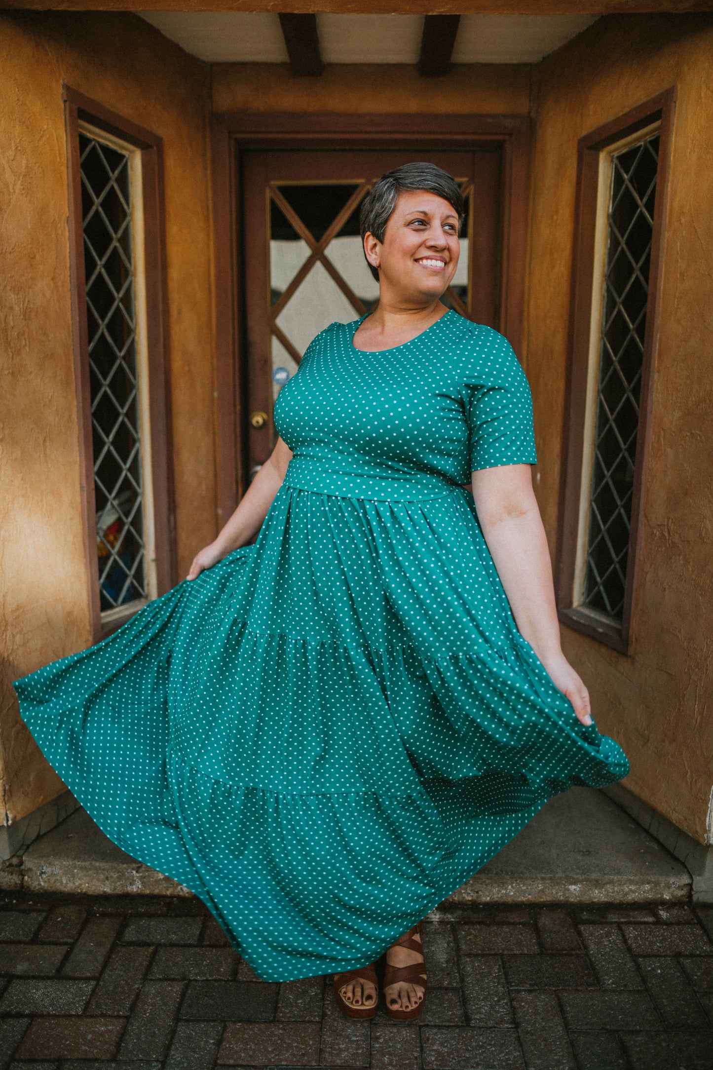 woman wearing modest nursing dress